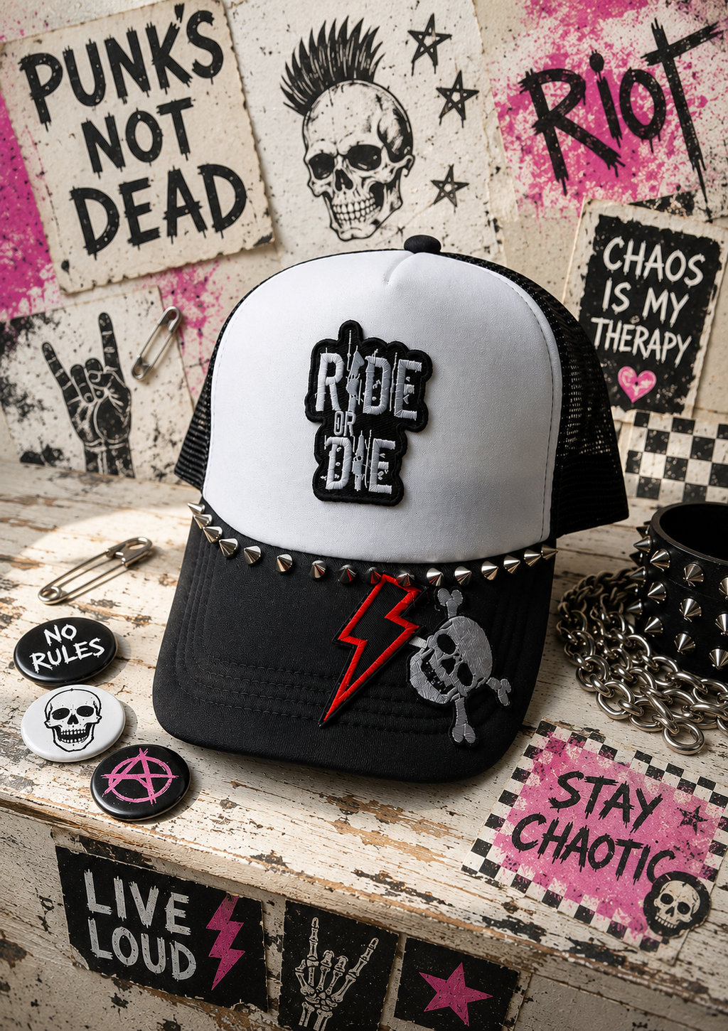 Ride or Die Studded Trucker Hat | Punk Rock Snapback Hat | Black & White Mesh Hat | Handmade Biker Hat | Western Goth Festival Cap | Alternative Streetwear