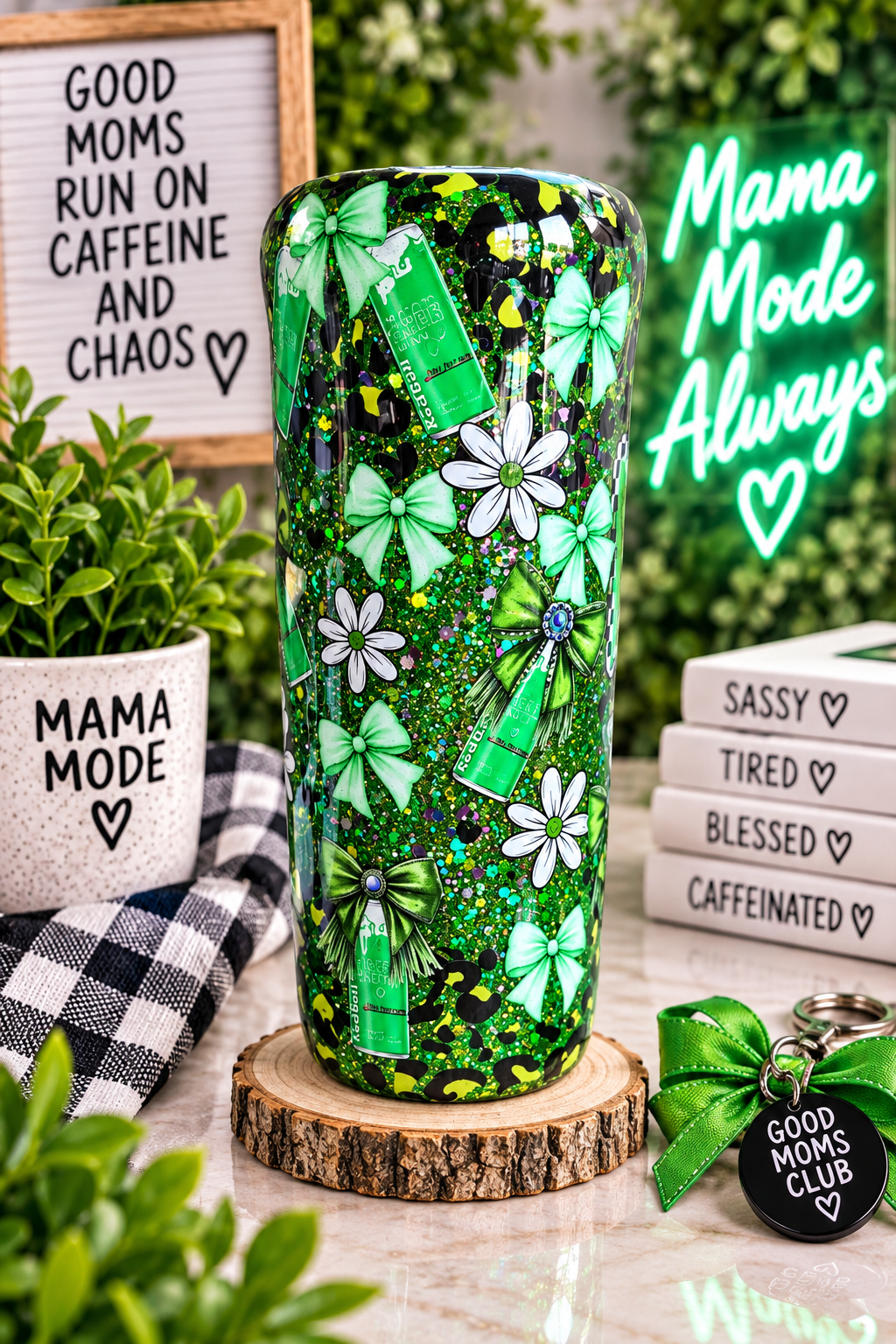 Green Glitter Mom Tumbler | Sassy Mama Cup | Lime Green & Black Checkered Tumbler | Cherry Bow Tumbler | Handmade 20oz Epoxy Cup