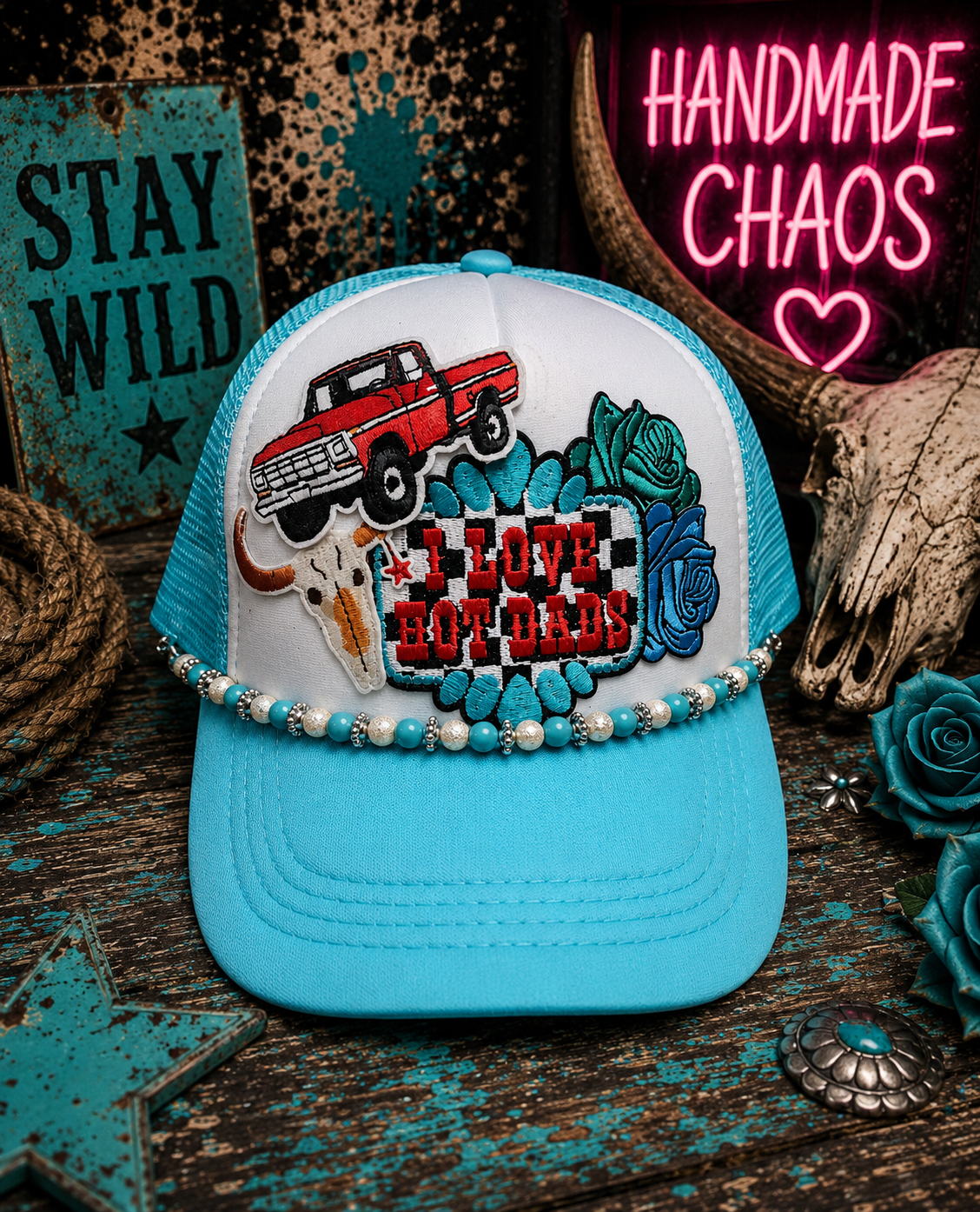 I Love Hot Dads Trucker Hat – Blue & White Western Style Snapback, Funny Patch Hat, Trendy Cowgirl Trucker Cap