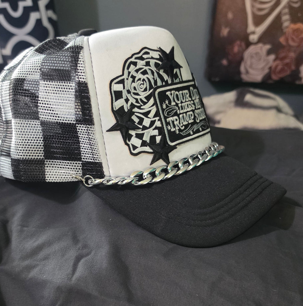 Your Dad Likes My Tramp Stamp Black and White Checkered Trucker Hat | Funny Snapback Hat | Retro Mesh Cap | Sarcastic Gift for Her