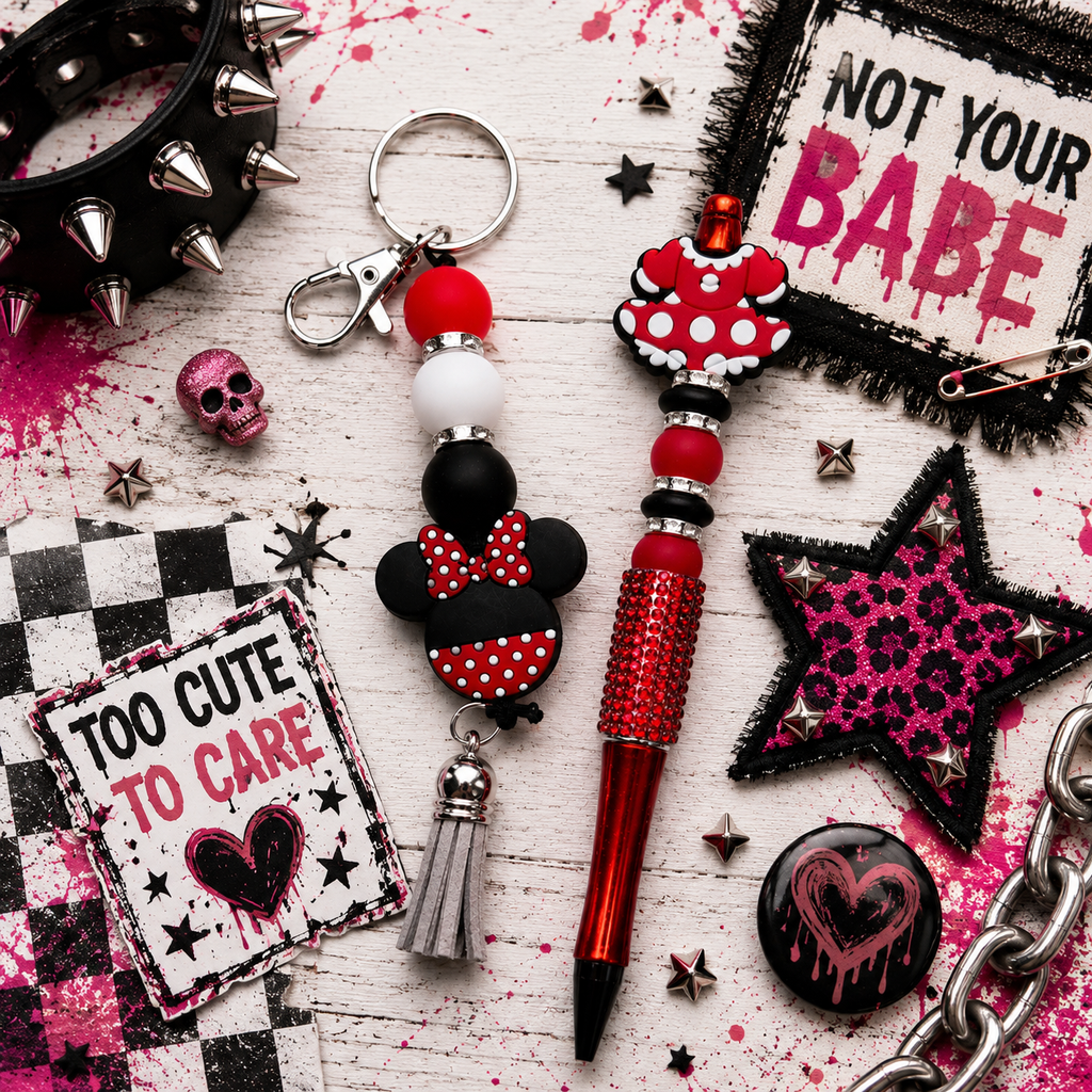 Red, Black & White Beaded Gift Set | Handmade Keychain, Pen & Sticker | Hempin Mayhem