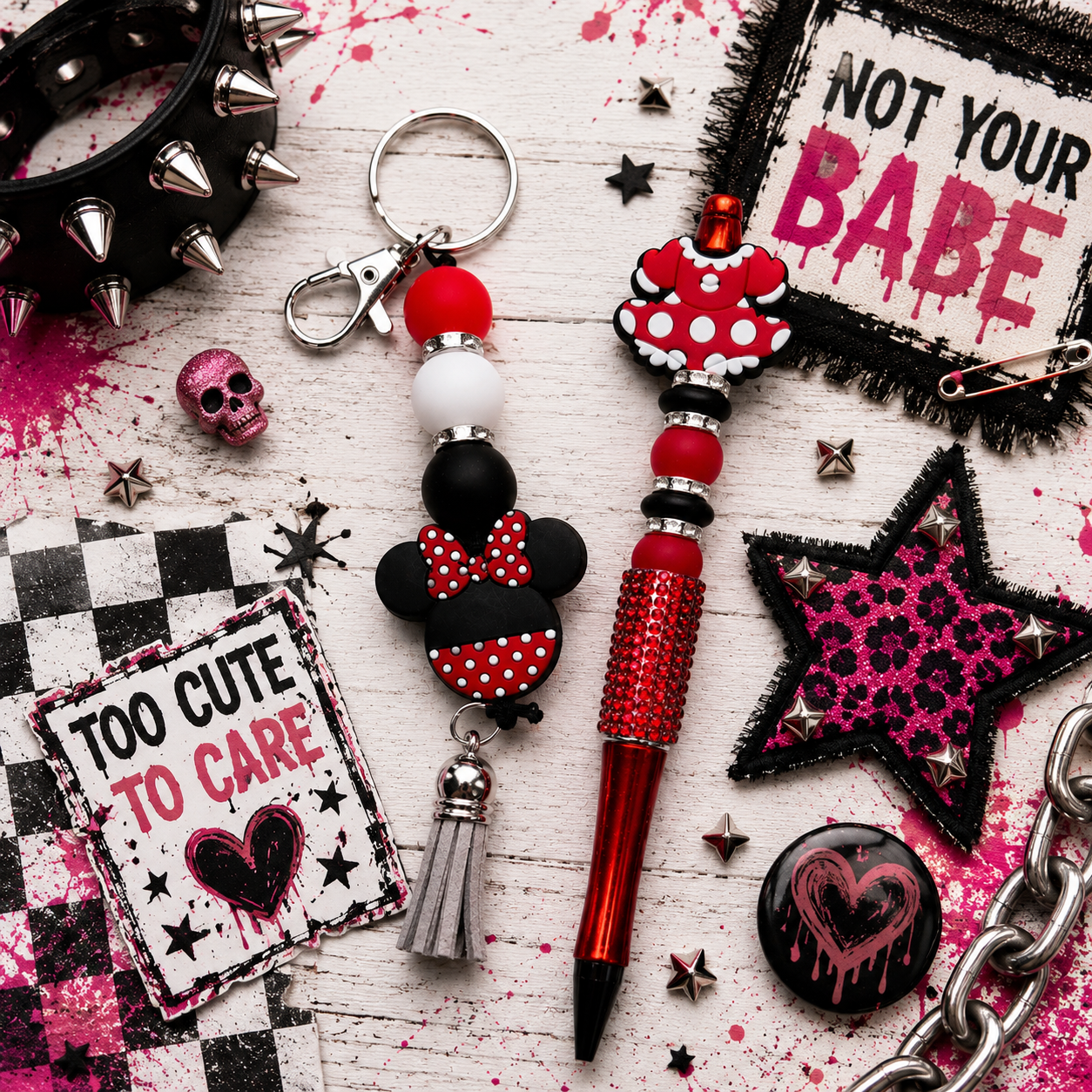 Red, Black & White Beaded Gift Set | Handmade Keychain, Pen & Sticker | Hempin Mayhem