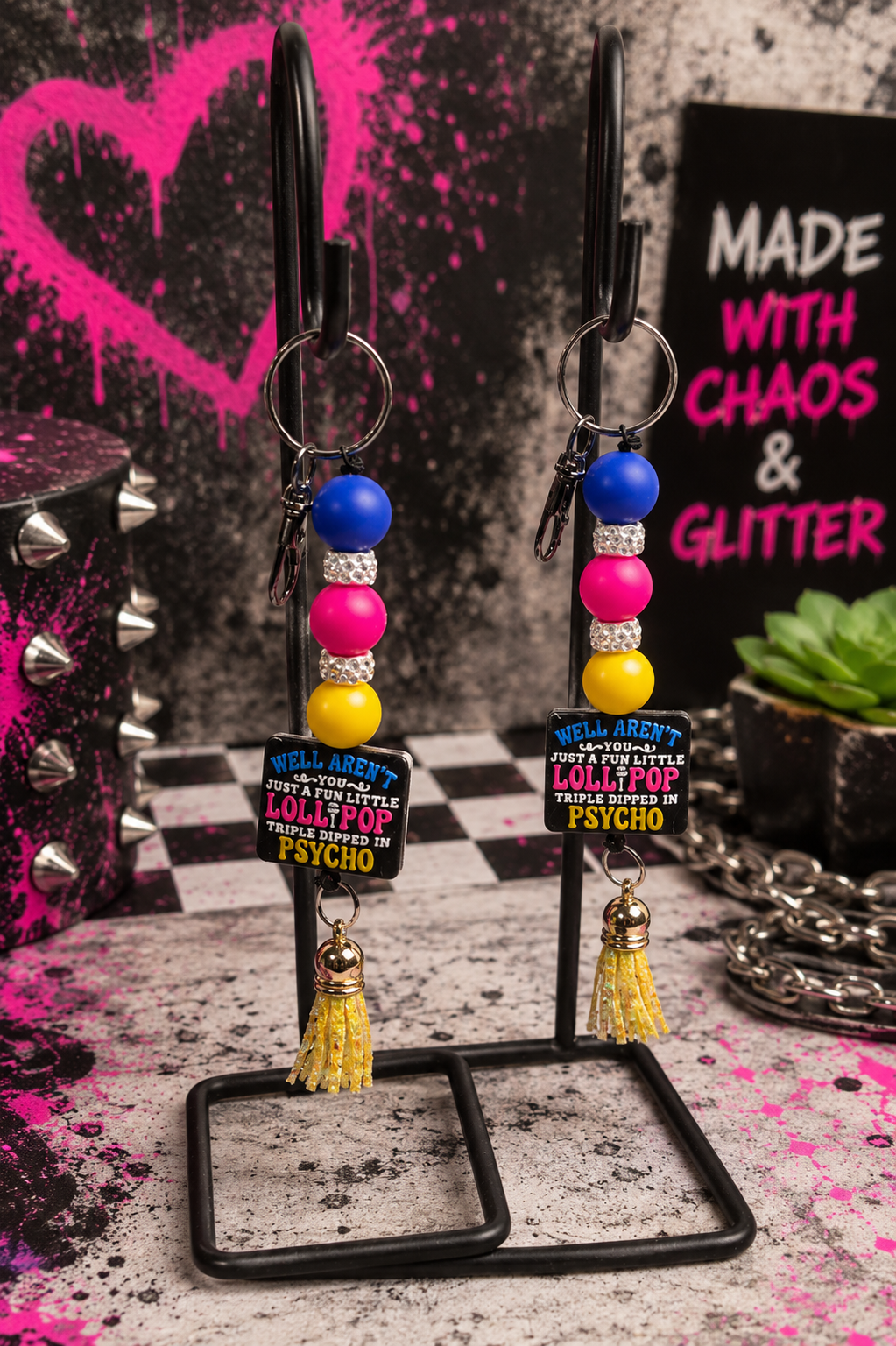 Funny Psycho Lollipop Beaded Keychain | Blue Pink Yellow Handmade Silicone Bead Keychain | Sarcastic Gift for Friends & Coworkers