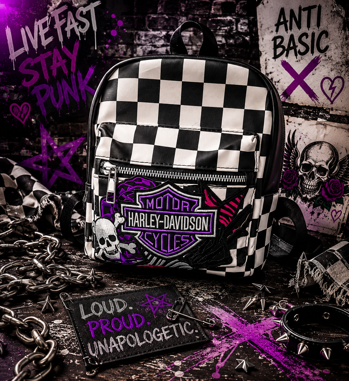 Black & White Checkered Mini Backpack Purse with Purple Embroidered Patch | Punk Rock Backpack | Alternative Style Backpack Purse | Handmade Statement Bag
