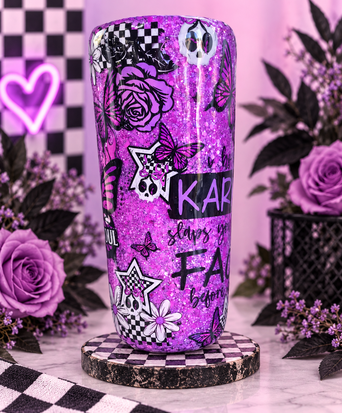 Purple Skull Butterfly Tumbler, 20oz Glitter Epoxy Tumbler, Karma Quote Cup, Spooky Alternative Drinkware, Gothic Gift, Handmade Tumbler