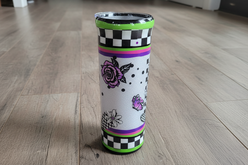 Morning Vibes Checkered Tumbler 20oz Stainless Steel Epoxy Cup, Green Purple Black Silver Glitter Coffee Cup, Funny Sassy Drinkware