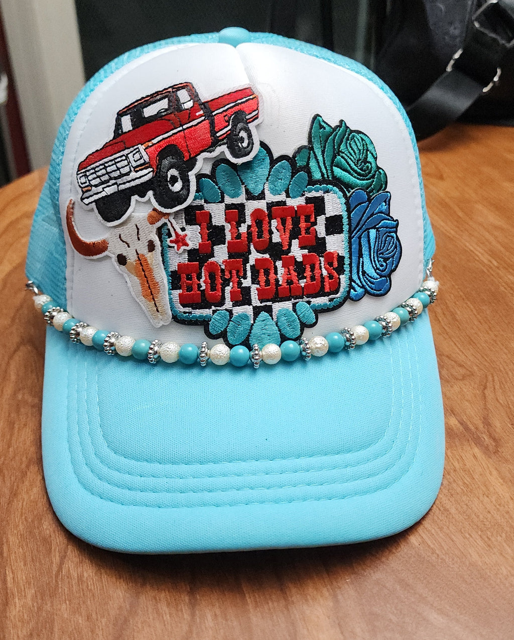 I Love Hot Dads Trucker Hat – Blue & White Western Style Snapback, Funny Patch Hat, Trendy Cowgirl Trucker Cap
