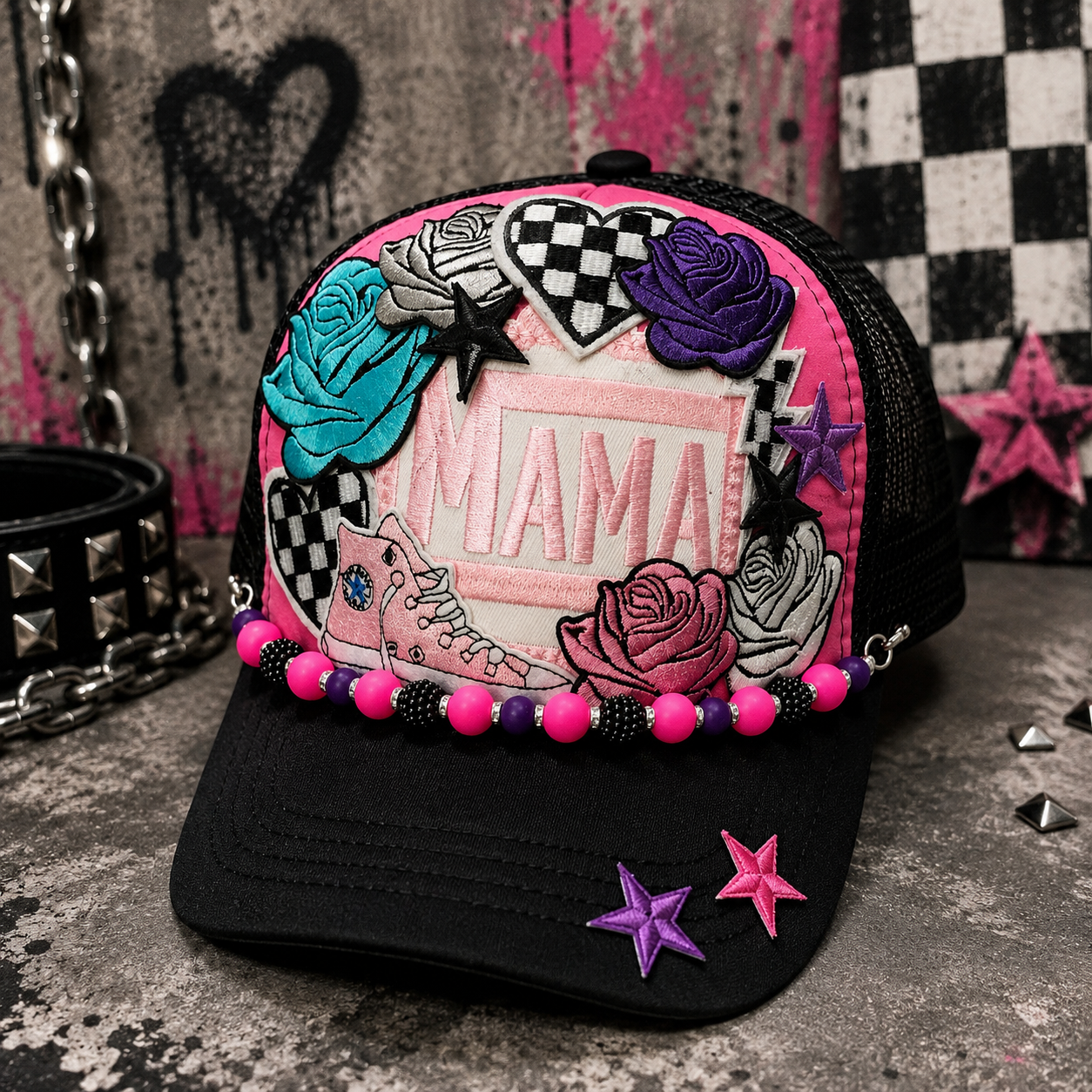 Mama Trucker Hat – Pink & Black Mesh Snapback Cap, Trendy Mom Hat, Cute Western Streetwear Trucker Hat