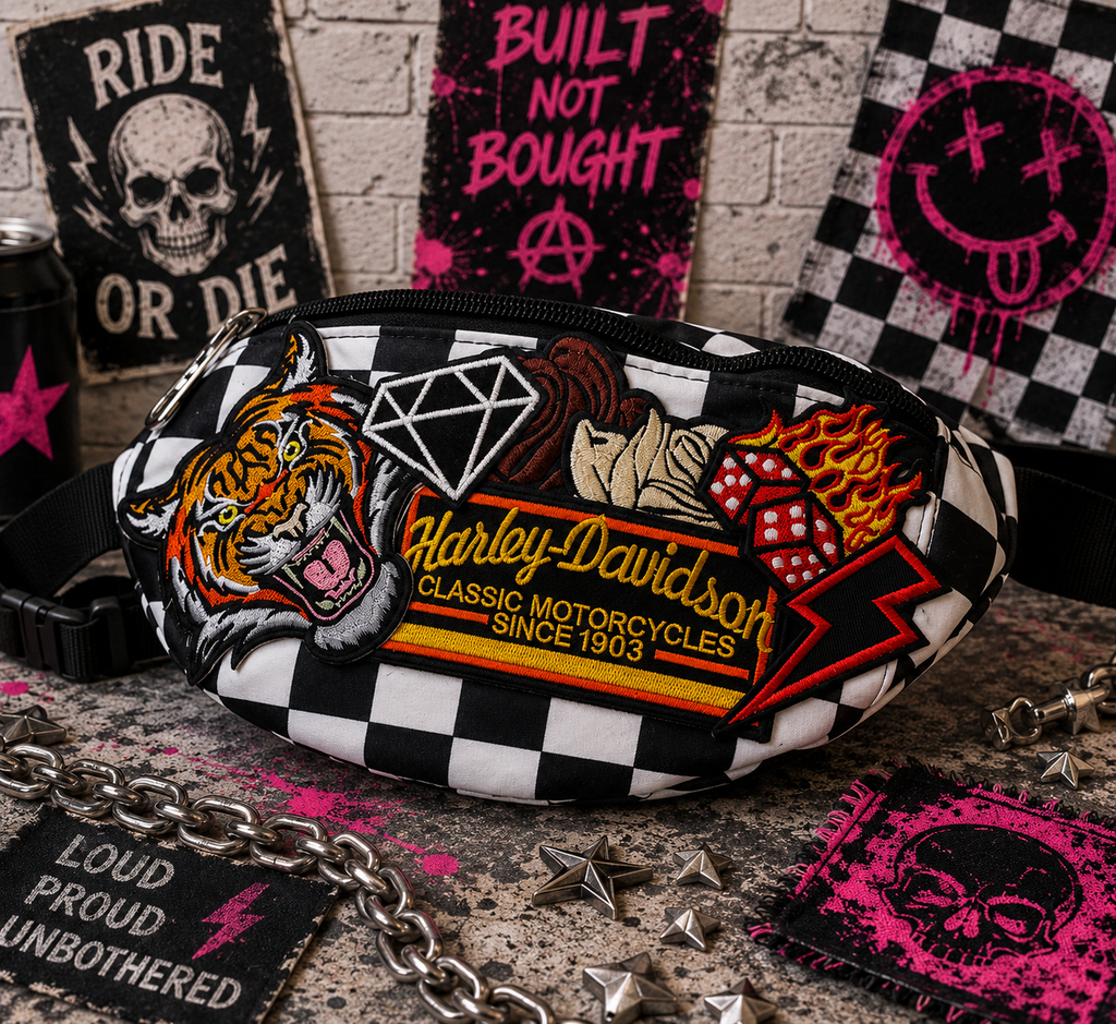 Handmade Checkered Crossbody Belt Bag | Alternative Patchwork Fanny Pack | Punk, Rockabilly & Biker Festival Bag | Hempin Mayhem