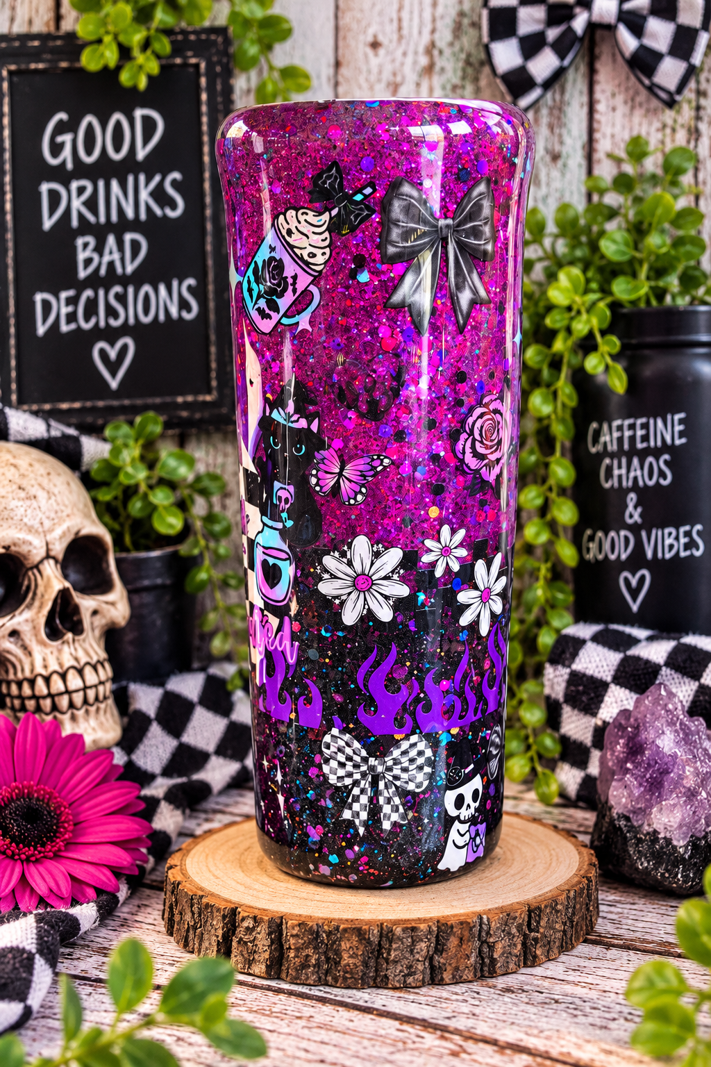 Purple Glitter Epoxy Tumbler | "Hot Mess But Hydrated" Stainless Steel Skinny Cup
