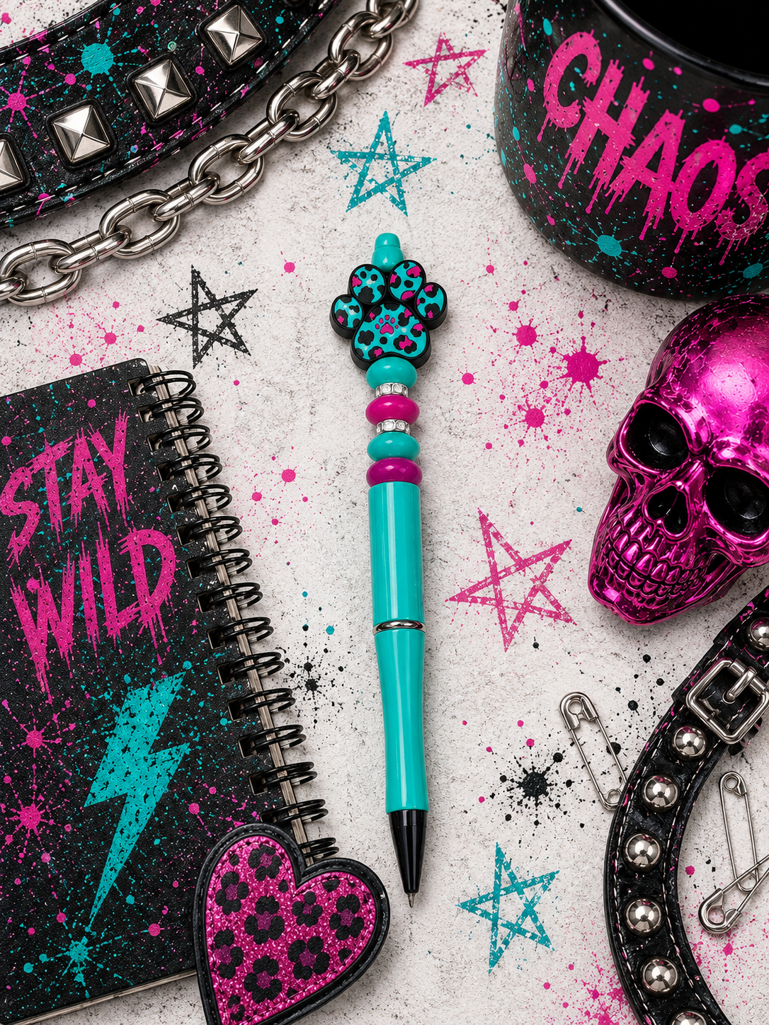 Leopard Paw Print Pen & Keychain Gift Set | Handmade Beaded Pen | Animal Print Office Gift | Cute Teacher Gift | Desk Accessories | Hempin Mayhem