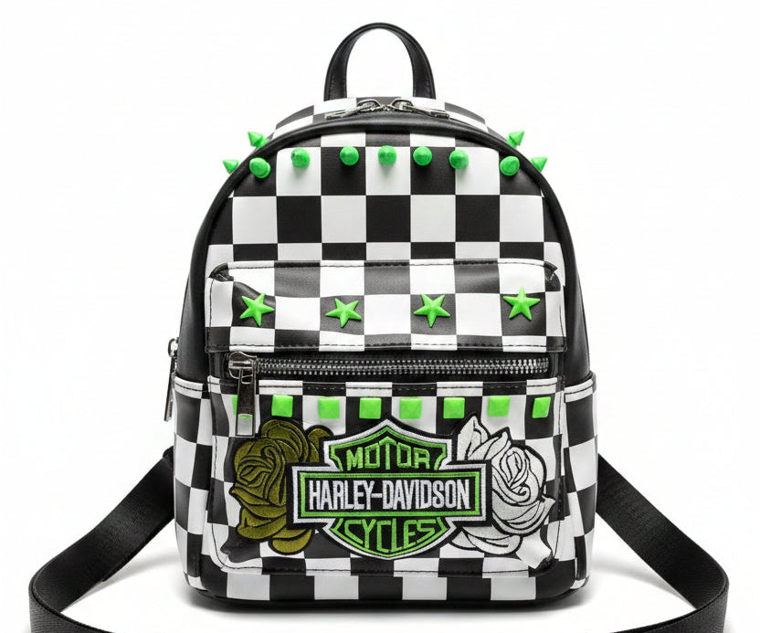 Neon Green Checkered Mini Backpack with Patch | Punk Rock Backpack | Studded Black & White Checker Bag | Alternative Goth Mini Backpack | Handmade Backpack