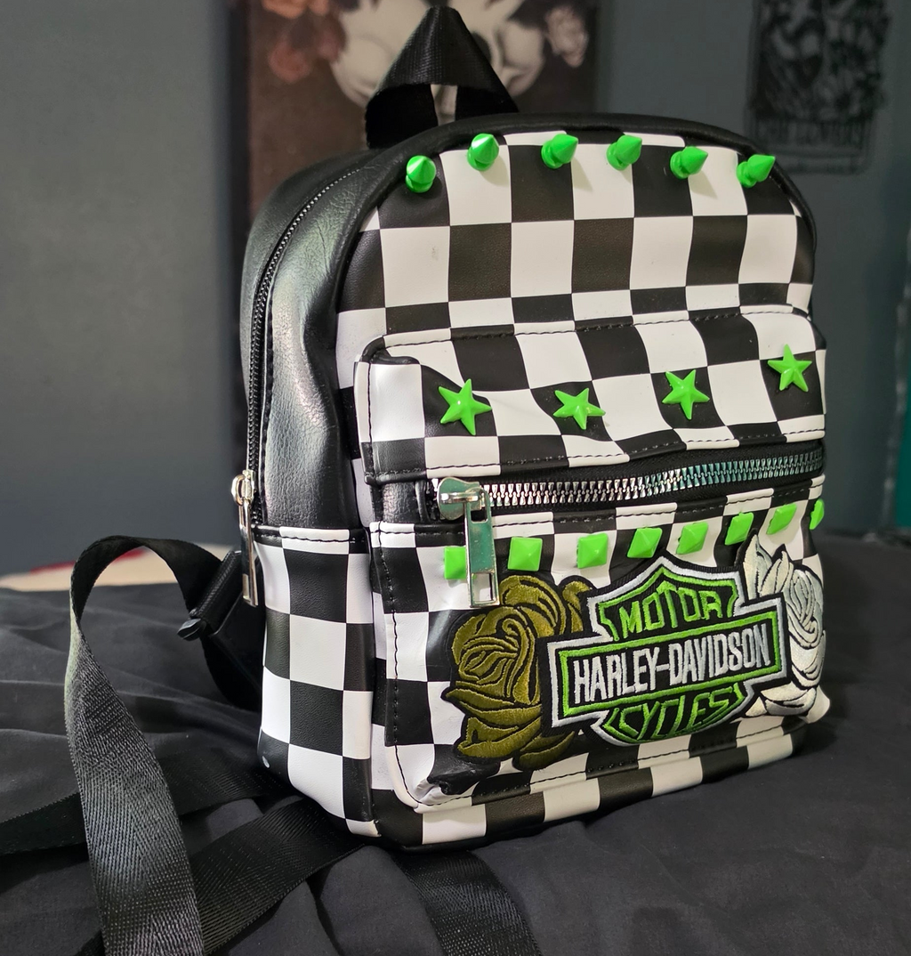Neon Green Checkered Mini Backpack with Patch | Punk Rock Backpack | Studded Black & White Checker Bag | Alternative Goth Mini Backpack | Handmade Backpack