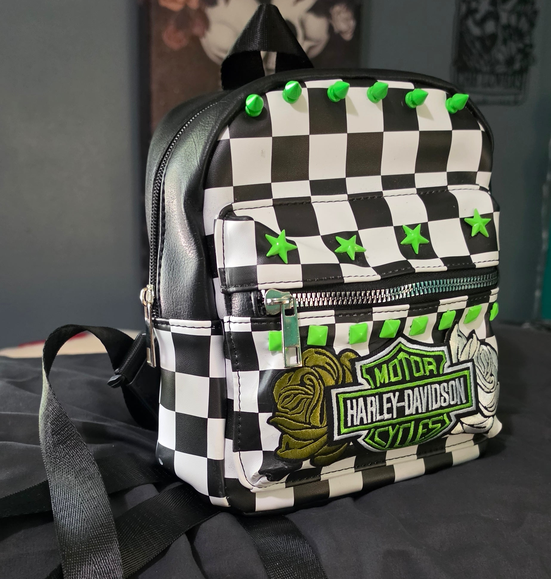 Neon Green Checkered Mini Backpack with Patch | Punk Rock Backpack | Studded Black & White Checker Bag | Alternative Goth Mini Backpack | Handmade Backpack