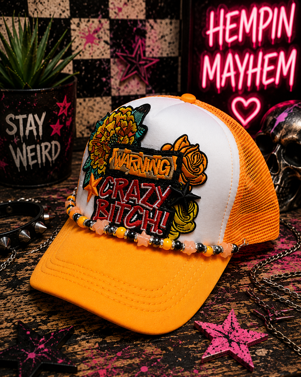Warning Crazy Person Trucker Hat – Orange & White Snapback with Flower Patches, Funny Edgy Trucker Cap, Trendy Statement Hat