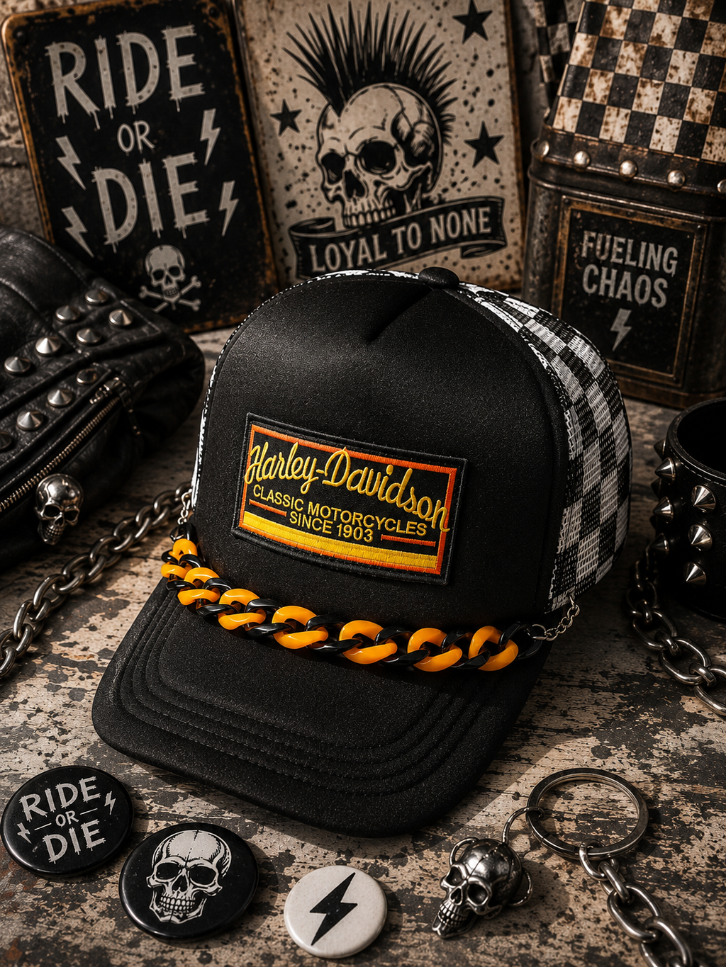 Biker Trucker Hat – Edgy Snapback Cap, Motorcycle Inspired Streetwear Hat, Checkered Western Style Mesh Hat