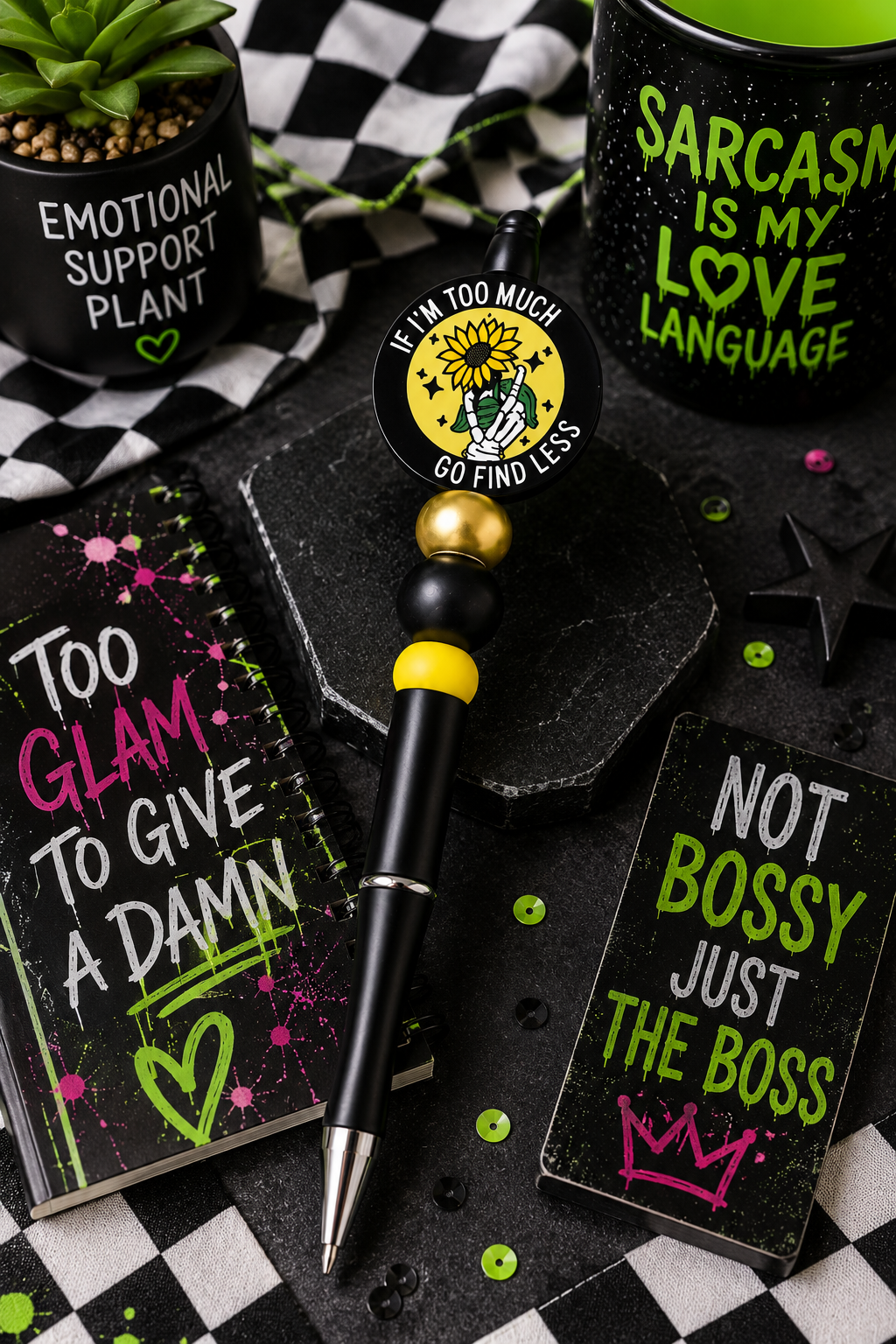 If I'm Too Much Go Find Less Beaded Pen | Funny Handmade Refillable Pen | Sassy Office Gift