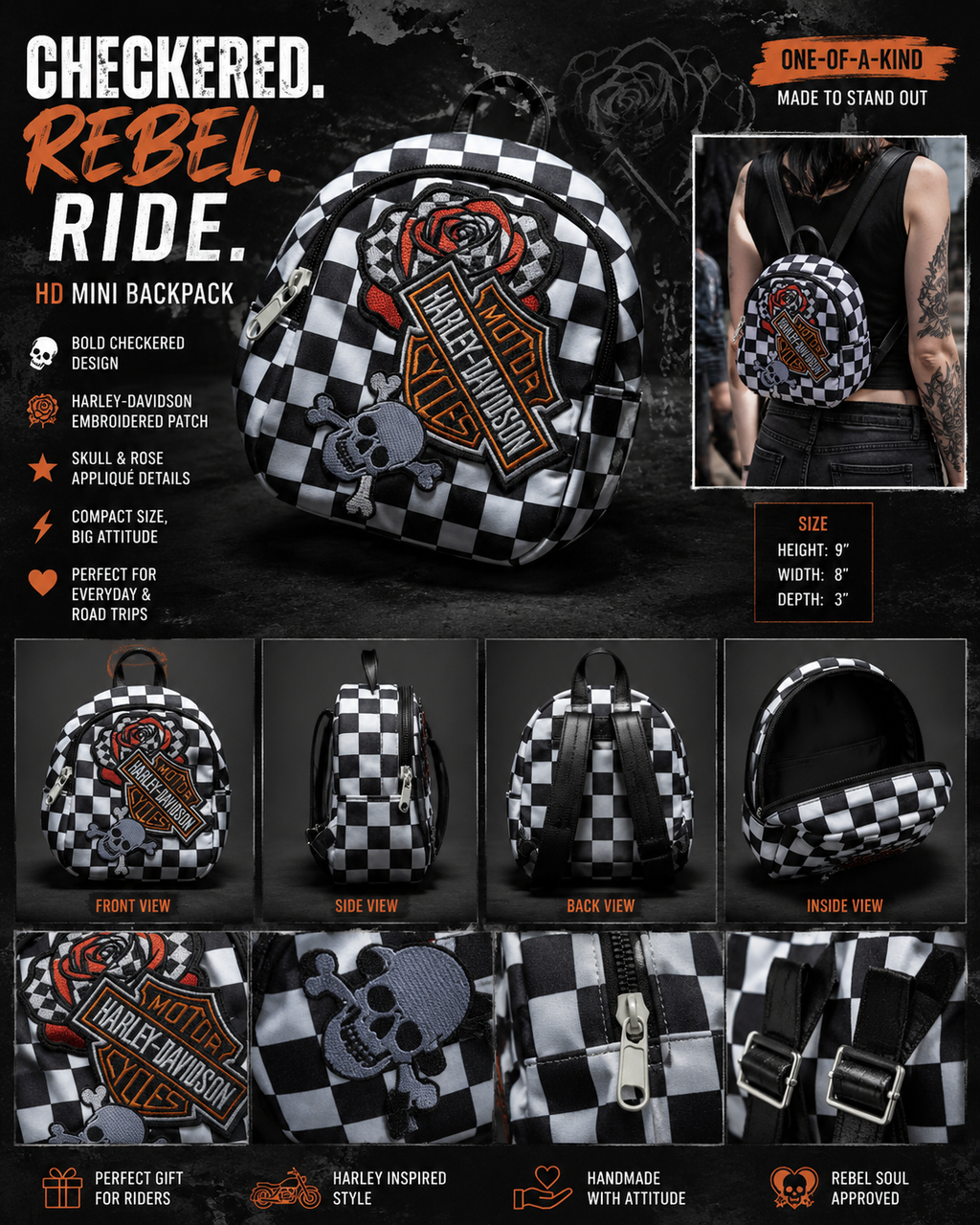 Black & White Checkered Mini Backpack with Orange HD Patch