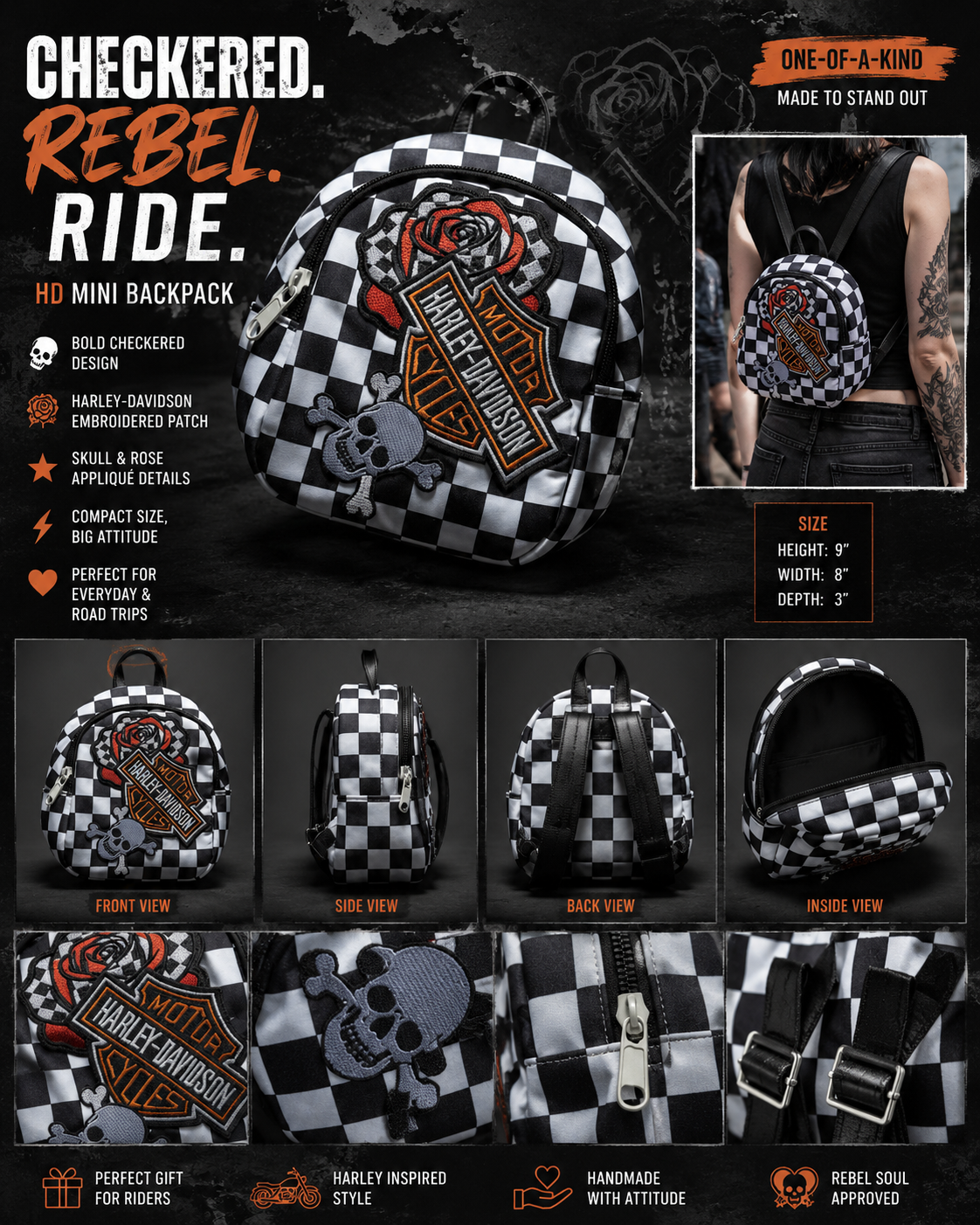 Black & White Checkered Mini Backpack with Orange HD Patch