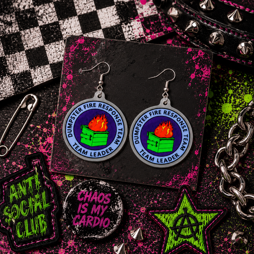 Dumpster Fire Response Team Earrings | Funny Dumpster Fire Dangle Earrings | Handmade Acrylic Statement Jewelry