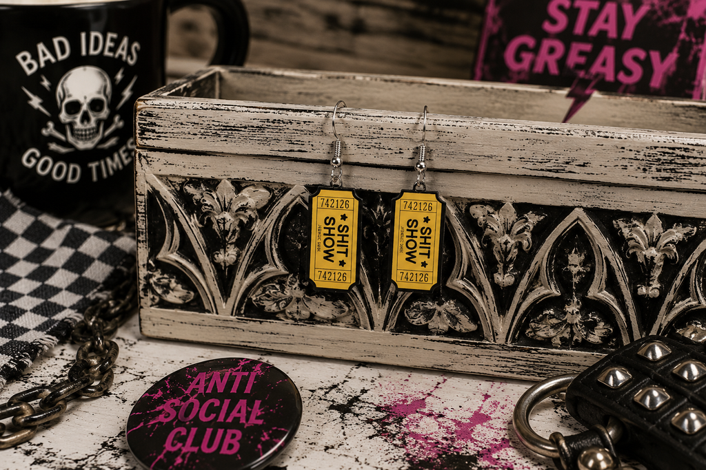 Black & Yellow Sh*t Show Ticket Earrings | Funny Acrylic Statement Dangles