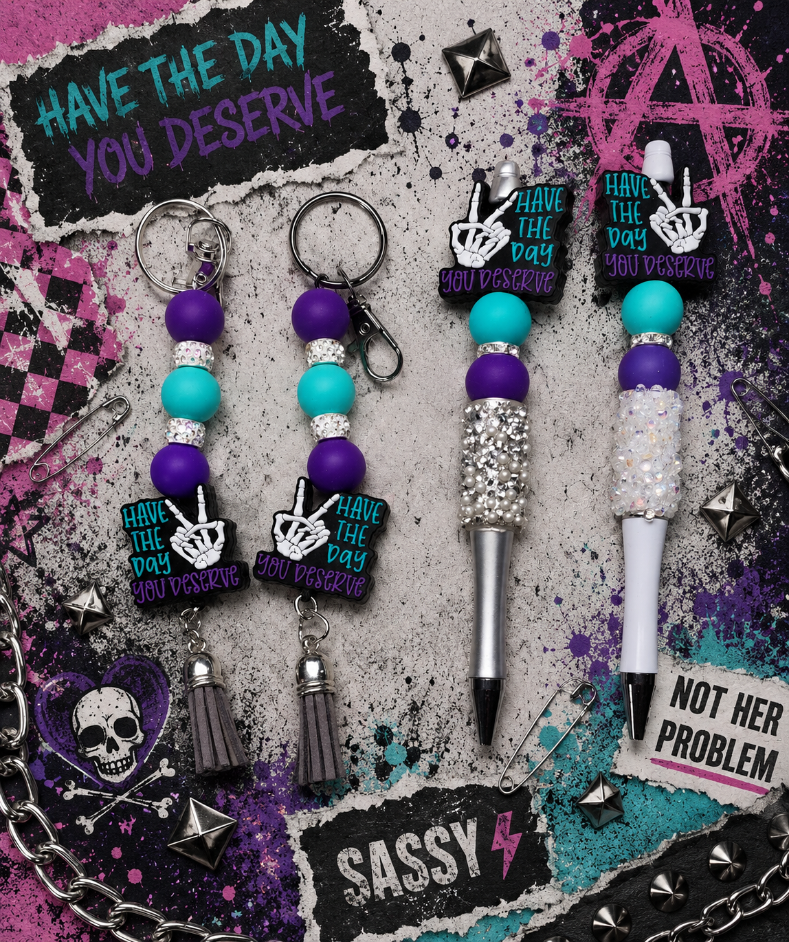 Purple and Blue Beaded Pen & Keychain Gift Set