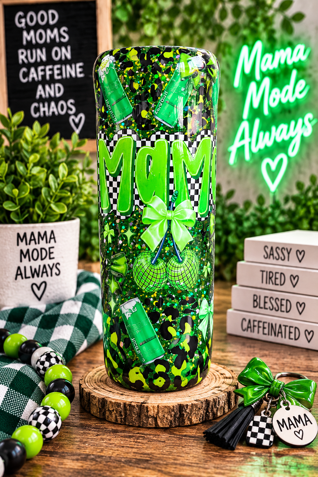 Green Glitter Mom Tumbler | Sassy Mama Cup | Lime Green & Black Checkered Tumbler | Cherry Bow Tumbler | Handmade 20oz Epoxy Cup