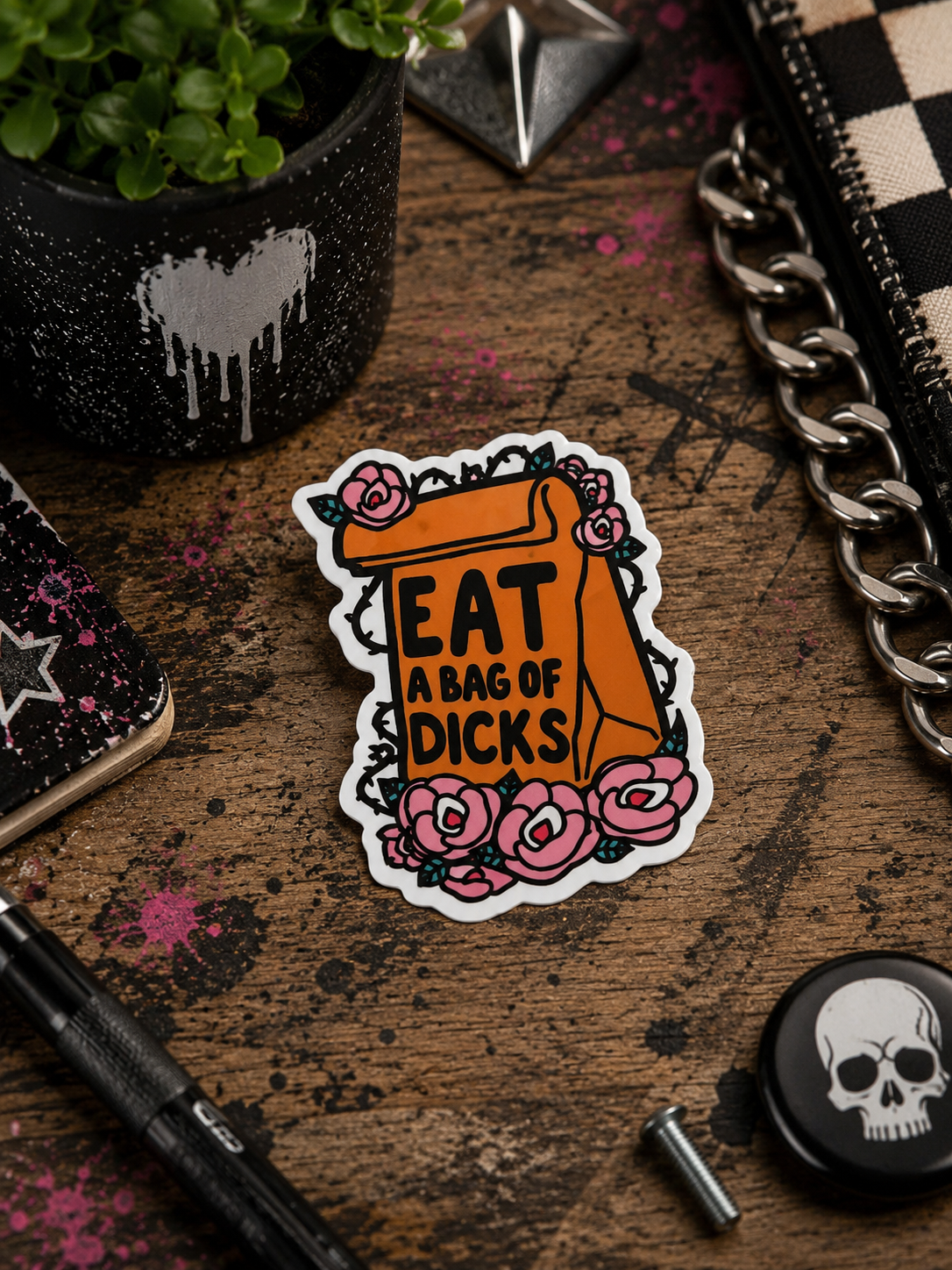 Eat a Bag of Dicks Floral Vinyl Sticker | Funny Sarcastic Sticker | Waterproof Adult Humor Decal | Cute Petty Laptop, Water Bottle & Car Sticker