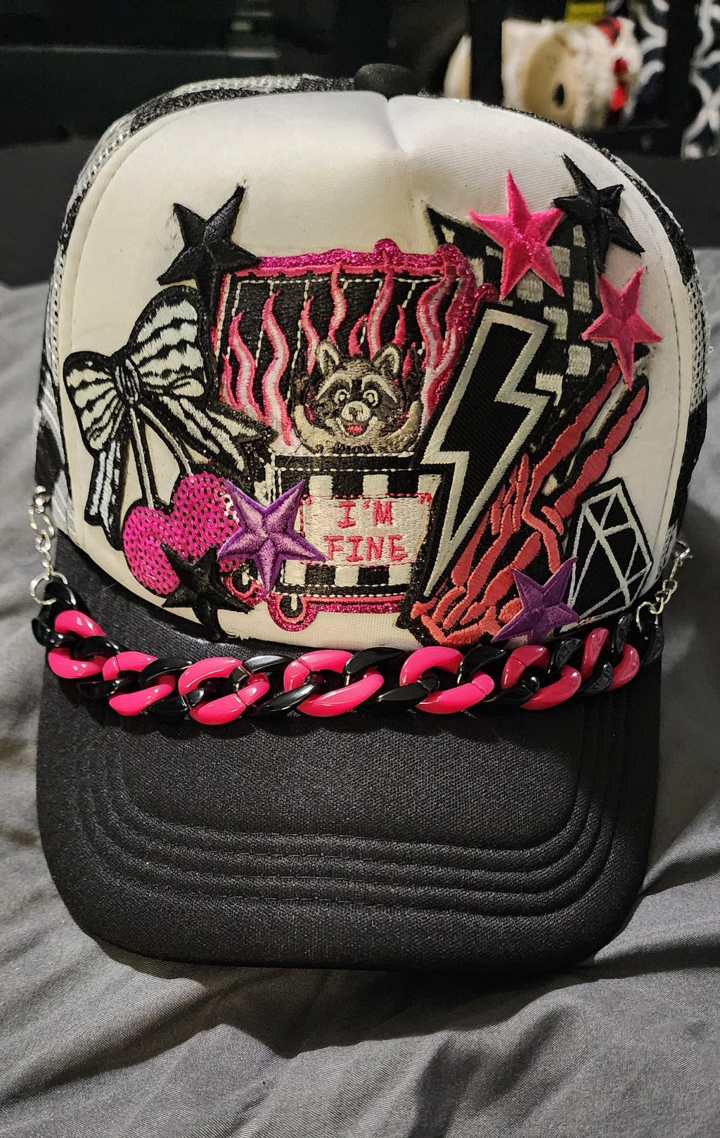 I’m Fine Raccoon Trucker Hat – Black & White Checkered Snapback, Funny Emo Streetwear Cap, Gothic Grunge Alternative Hat