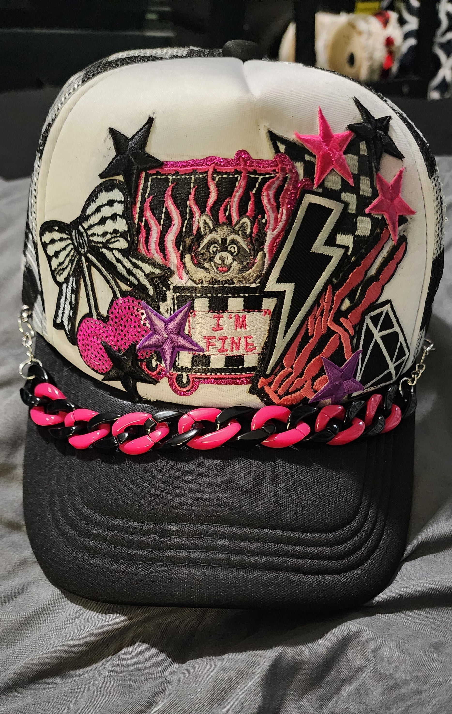 I’m Fine Raccoon Trucker Hat – Black & White Checkered Snapback, Funny Emo Streetwear Cap, Gothic Grunge Alternative Hat
