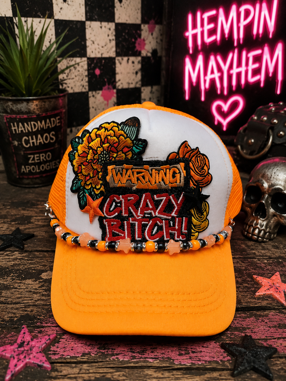 Warning Crazy Person Trucker Hat – Orange & White Snapback with Flower Patches, Funny Edgy Trucker Cap, Trendy Statement Hat
