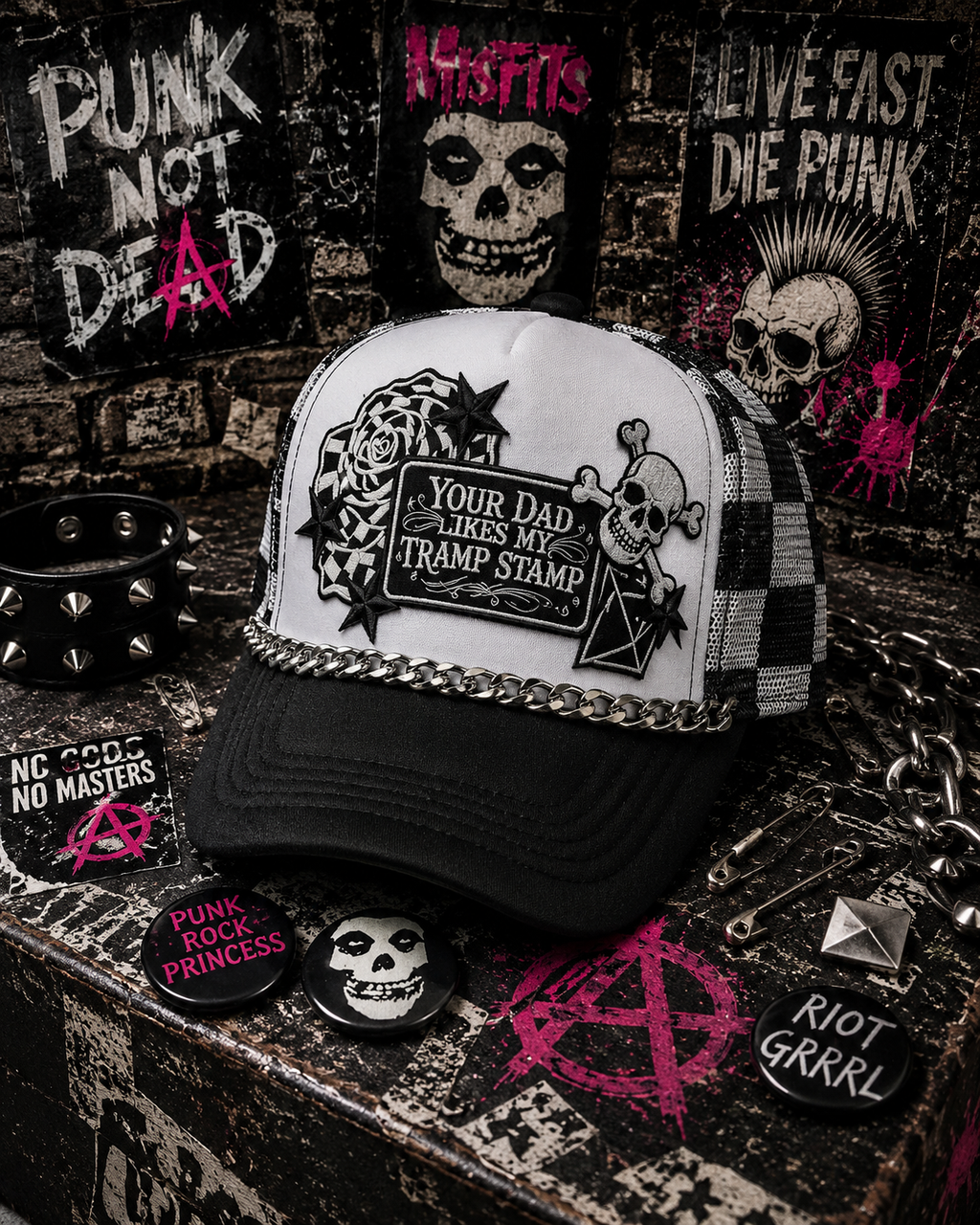 Your Dad Likes My Tramp Stamp Black and White Checkered Trucker Hat | Funny Snapback Hat | Retro Mesh Cap | Sarcastic Gift for Her