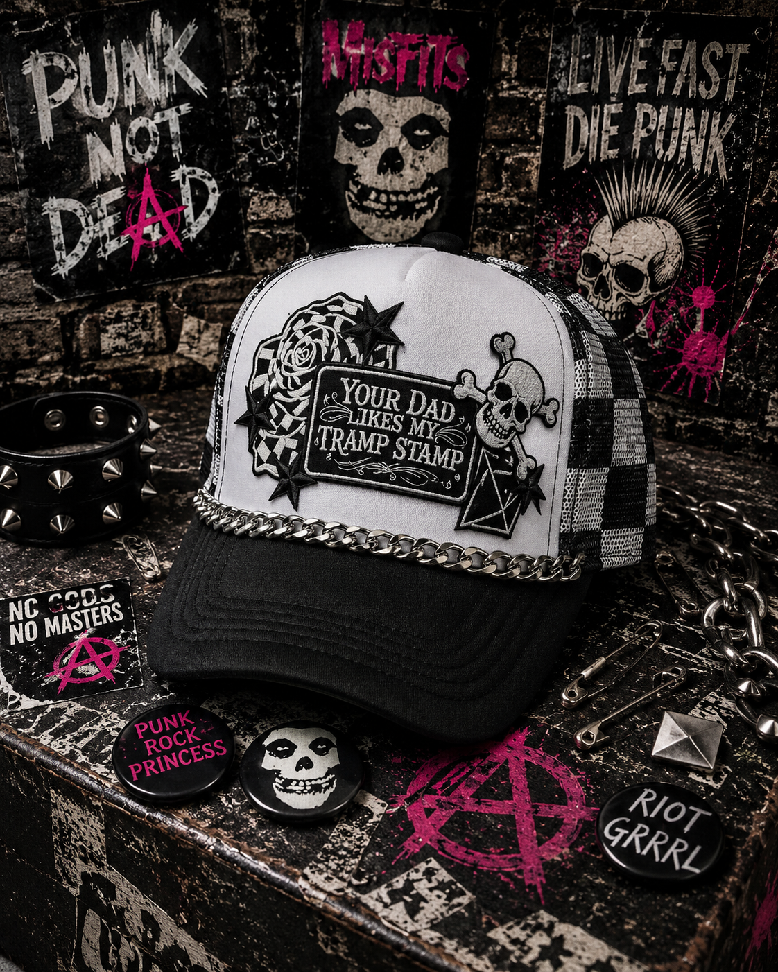 Your Dad Likes My Tramp Stamp Black and White Checkered Trucker Hat | Funny Snapback Hat | Retro Mesh Cap | Sarcastic Gift for Her