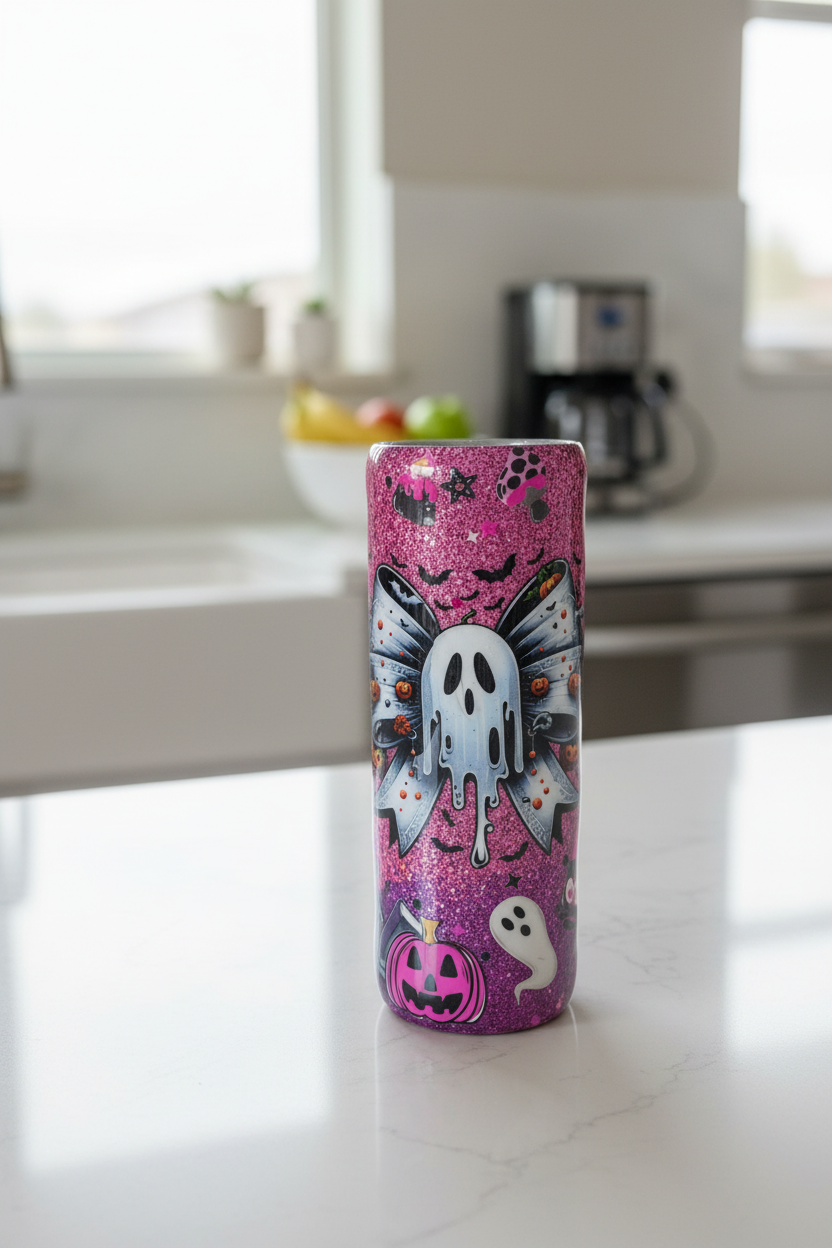 Pink Bow Spooky Tumbler 20oz – Cute Ghost Epoxy Cup, Kawaii Halloween Drinkware, Glitter Stainless Steel Coffee Cup