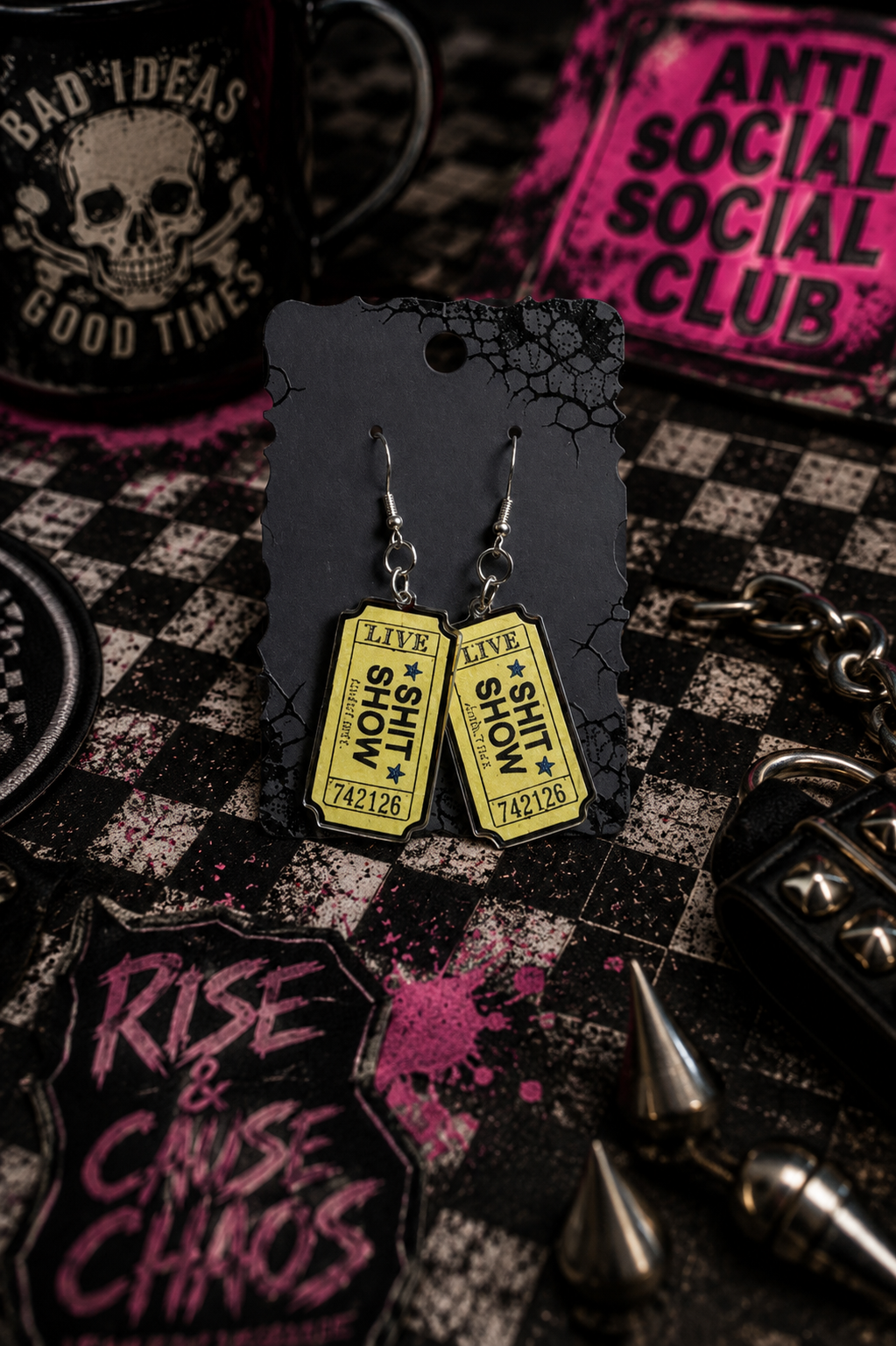 Black & Yellow Sh*t Show Ticket Earrings | Funny Acrylic Statement Dangles