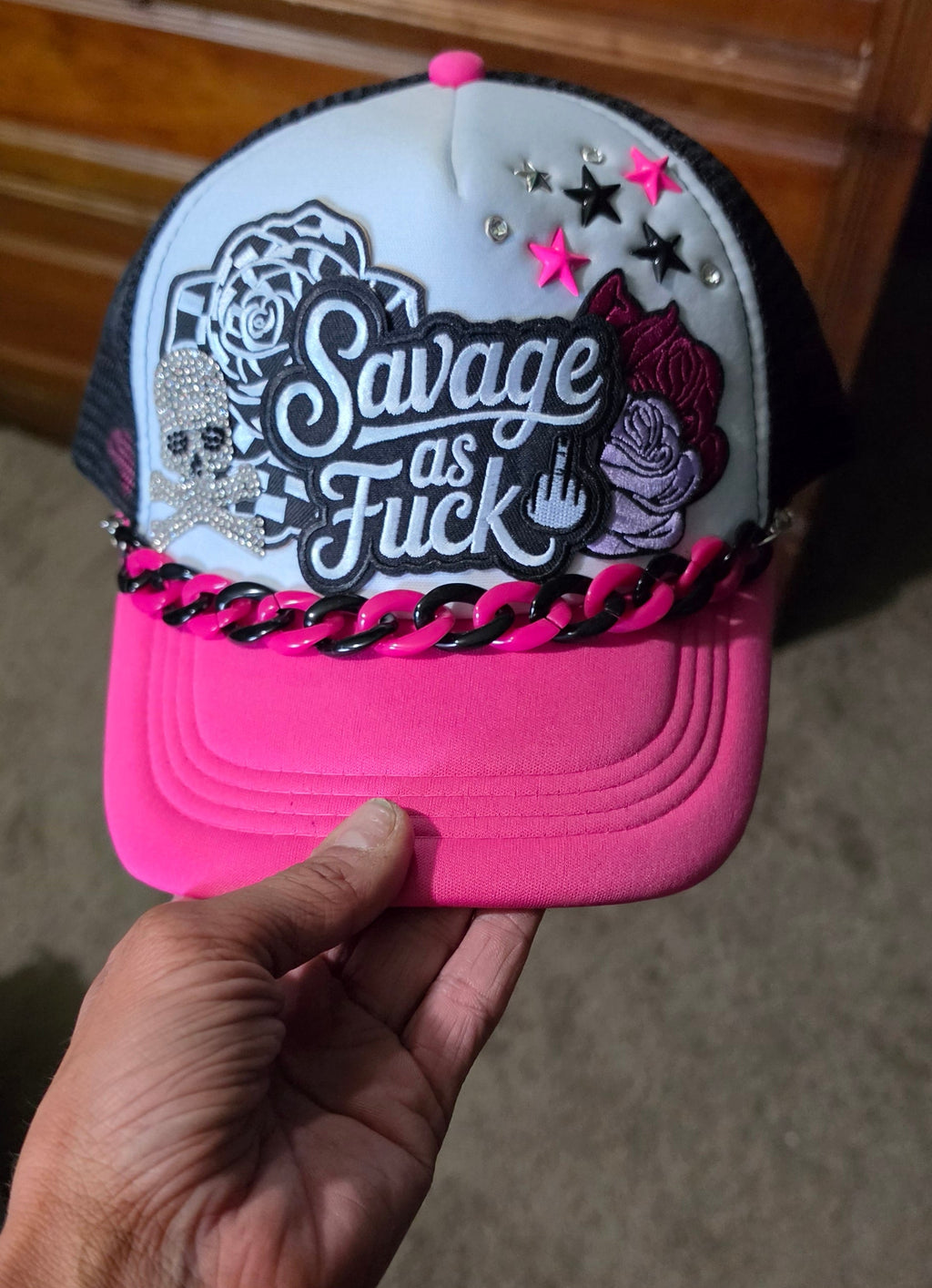Savage As F*** Trucker Hat – Pink Black & White Snapback with Hat Chain, Sassy Patch Hat, Edgy Biker Babe Cap