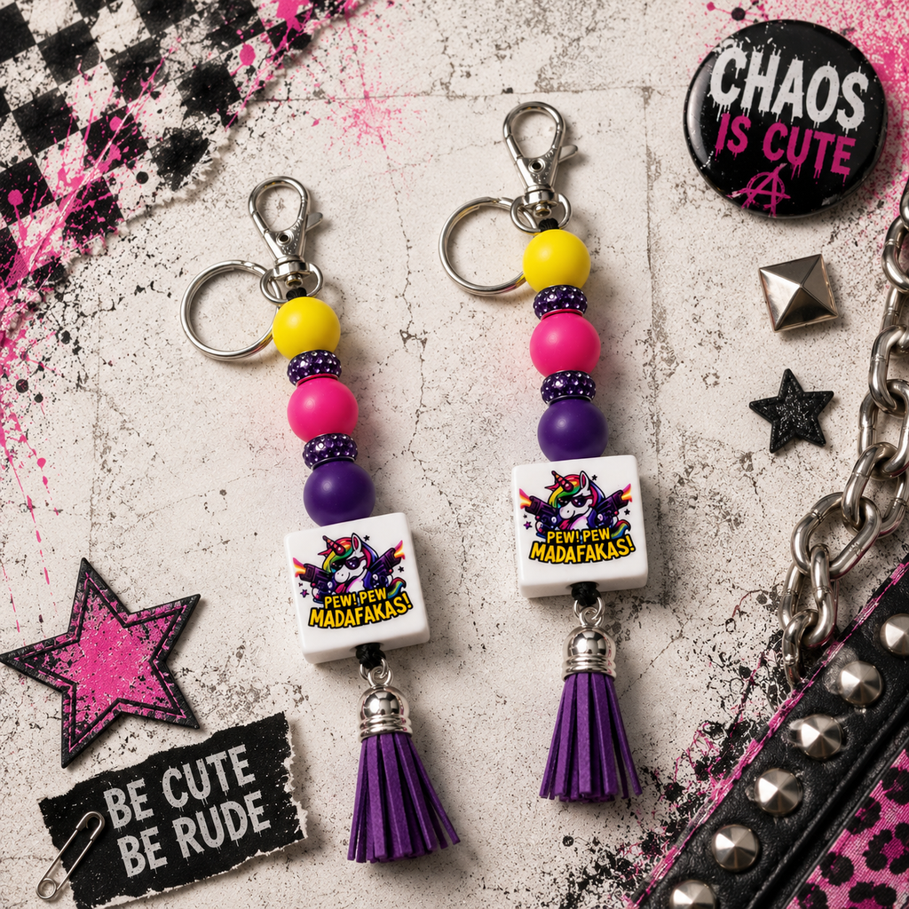 Two matching keychain beaded charms with silver keyrings, colorful beads, white square pendants printed with Madafanaka graphics, and purple tassel charms, arranged on a distressed light gray background with pink and black decorative accessories.
