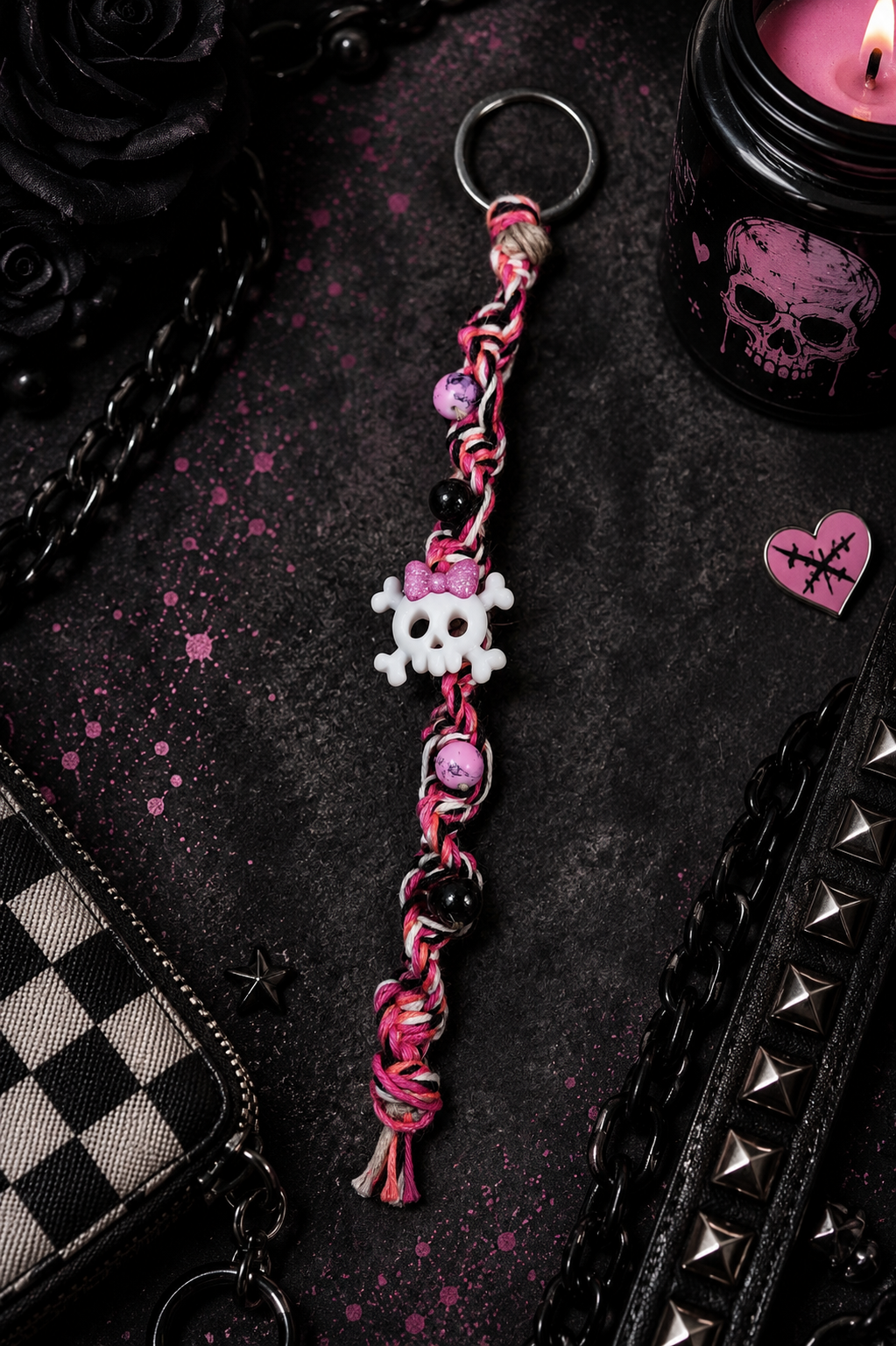 Pink Black & White Hemp Keychain with Skull Charm | Handmade Boho Goth Accessories