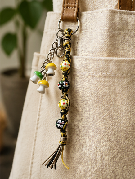 Mushroom Hemp Keychain | Boho Flower Beaded Keychain | Cottagecore Bag Charm | Handmade Glass Bead Keyring | Nature Lover Gift