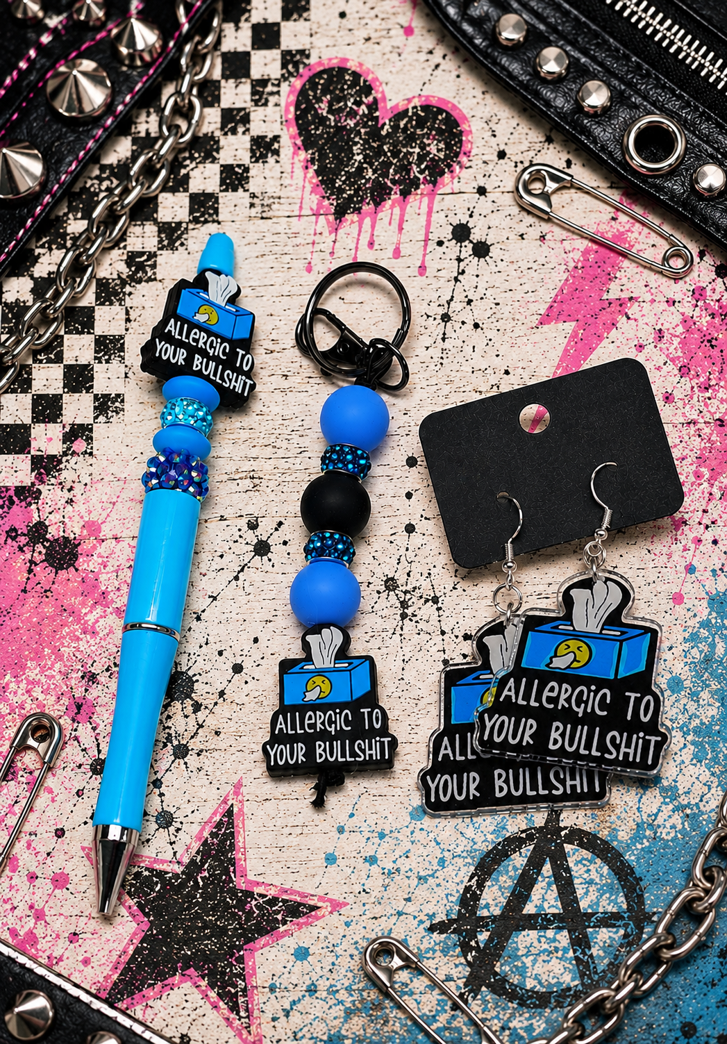 Allergic to Your Bullshit Gift Set | Funny Gift Set | Sassy Earrings, Keychain, Pen & Waterproof Stickers | Handmade Sarcastic Gift