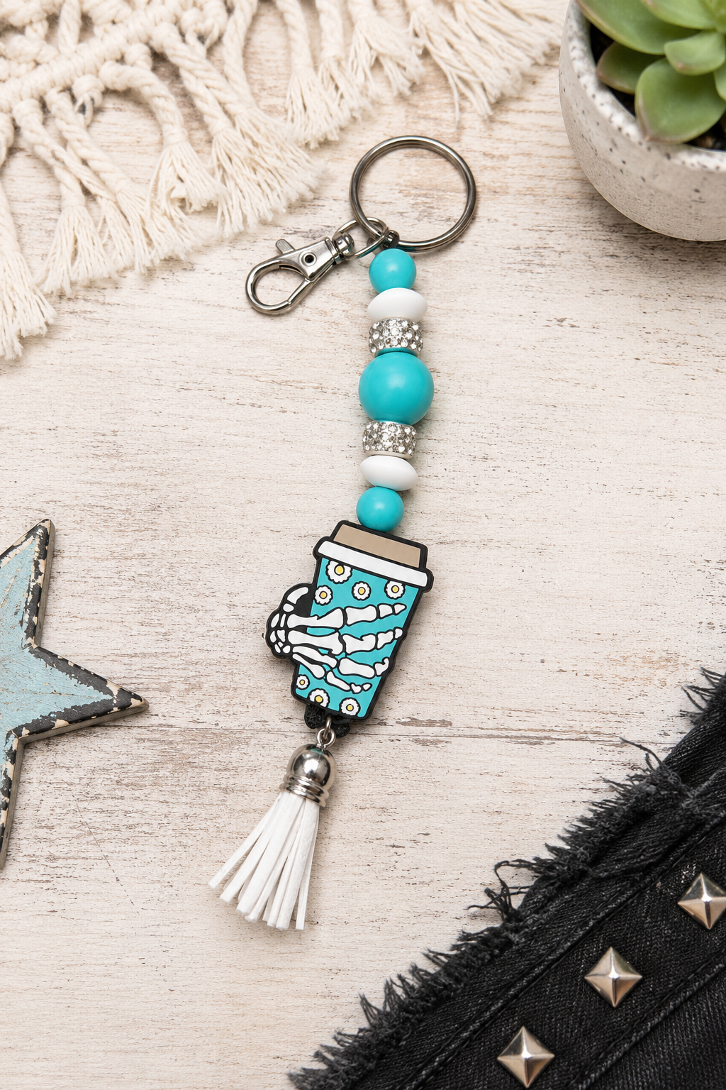 Turquoise & White Skull Hand Coffee Mug Keychain | Handmade Gothic Beaded Keychain | Spooky Coffee Lover Gift | Halloween Bag Charm | Alternative Accessory