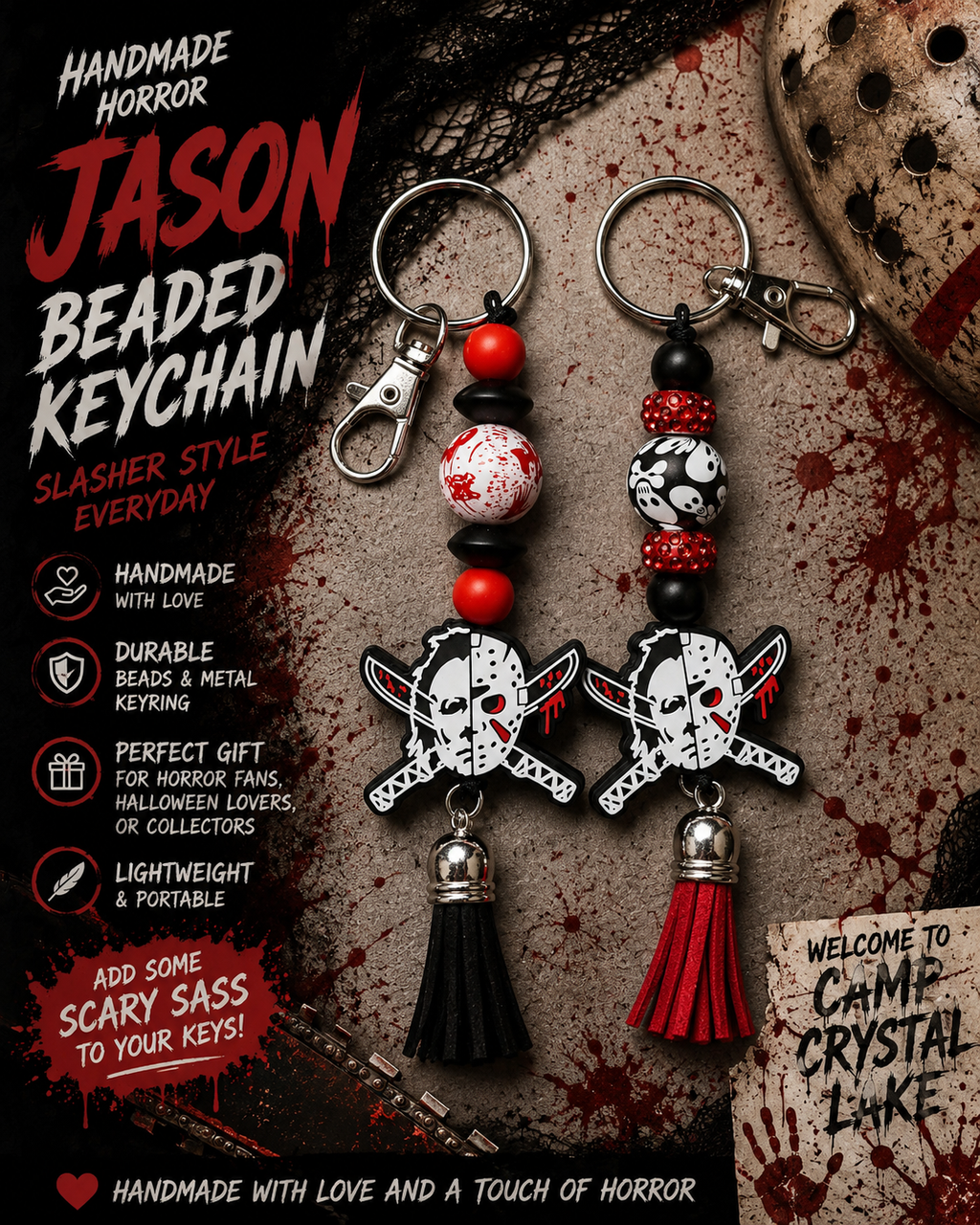 Slasher Inspired Beaded Keychain | Horror Movie Keychain | Halloween Bag Charm | Spooky Backpack Accessory | Horror Fan Gift