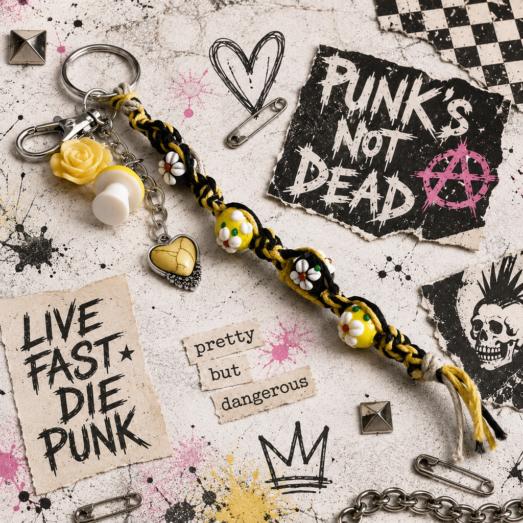 Yellow & White Hemp Keychain with Flower Beads & Mushroom Charms | Cottagecore Boho Bag Charm