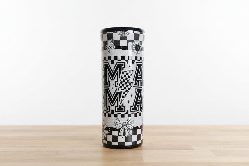 Checkered Mama Tumbler 20oz – Black White Epoxy Cup, Trendy Mom Gift, Stainless Steel Coffee Cup, Handmade Travel Mug