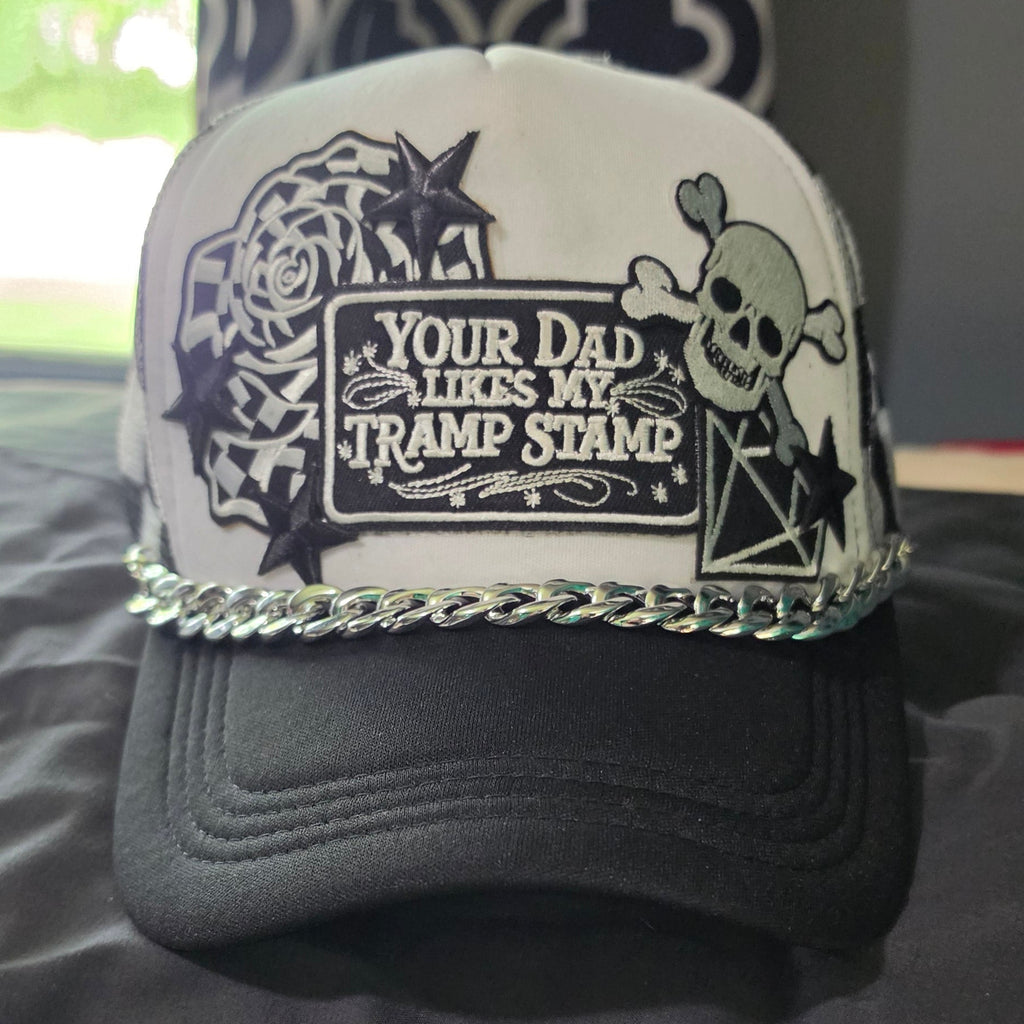 Your Dad Likes My Tramp Stamp Black and White Checkered Trucker Hat | Funny Snapback Hat | Retro Mesh Cap | Sarcastic Gift for Her