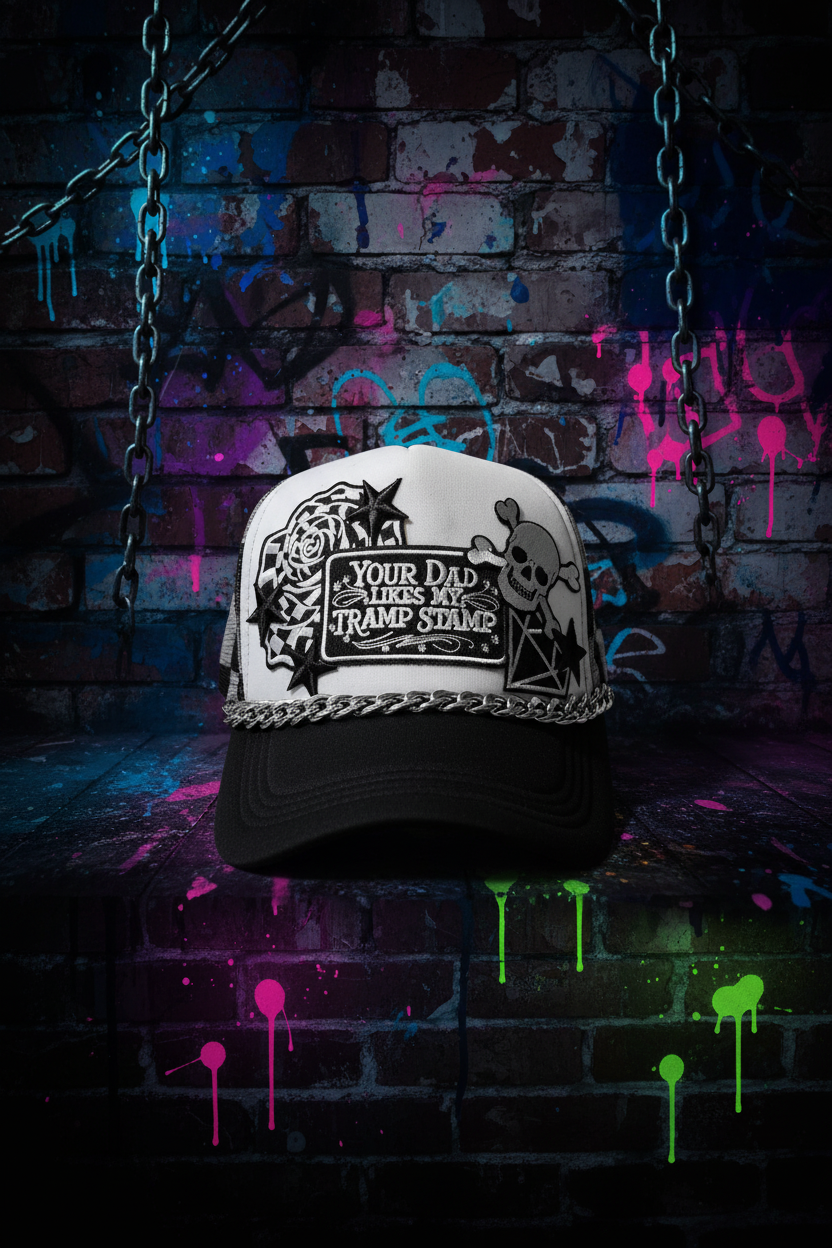 Your Dad Likes My Tramp Stamp Black and White Checkered Trucker Hat | Funny Snapback Hat | Retro Mesh Cap | Sarcastic Gift for Her
