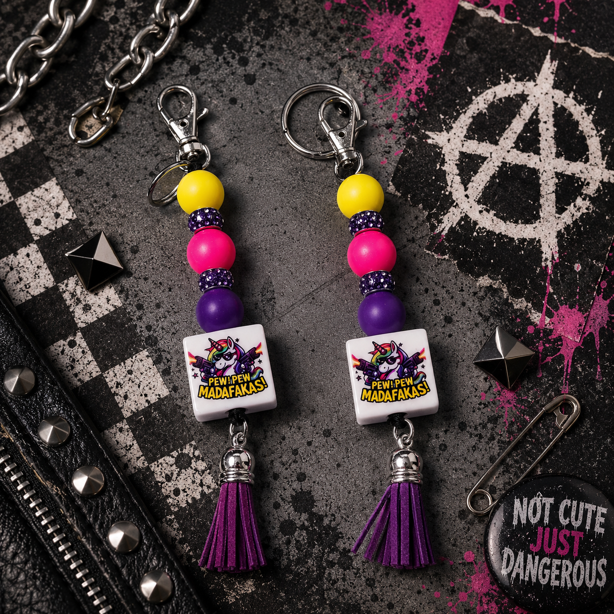 Pew Madafacka Unicorn Keychain – Funny Magical Beaded Charm with Savage Attitude