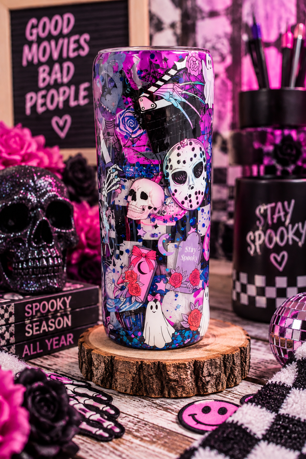 Horror Movies & Chill Tumbler – Handmade Glitter Epoxy Horror Movie Cup | Spooky Gothic Drinkware | Horror Lover Gift