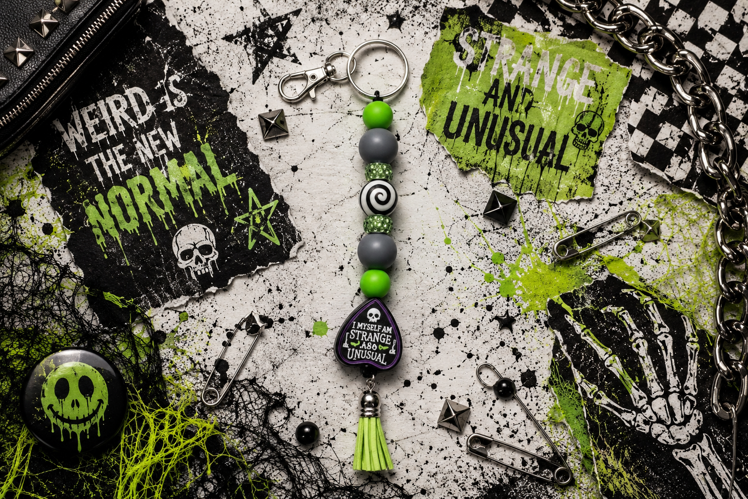 Strange & Unusual Gothic Beaded Keychain | Ouija Planchette Charm | Spooky Keychain | Goth Gift | Creepy Cute Accessory