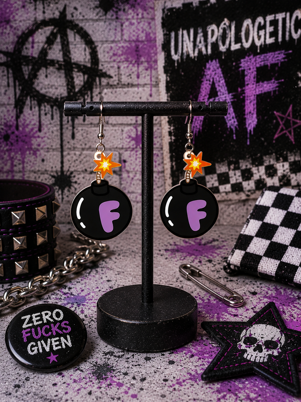 Unapologetic AF F-Bomb Earrings | Funny Black Purple Acrylic Dangle Earrings | Punk Statement Jewelry